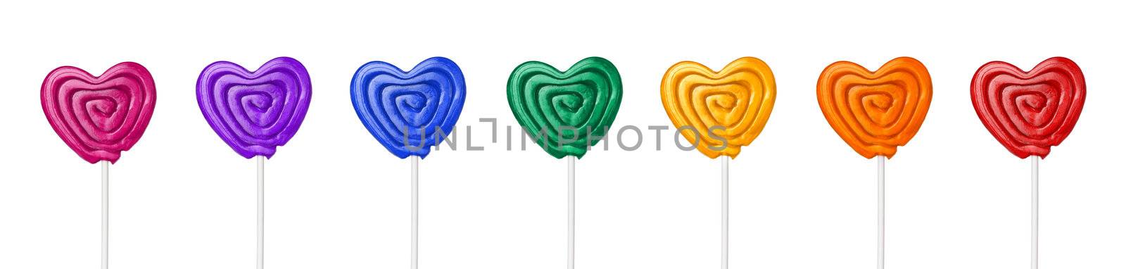  colorful heart shape lollipop on white background