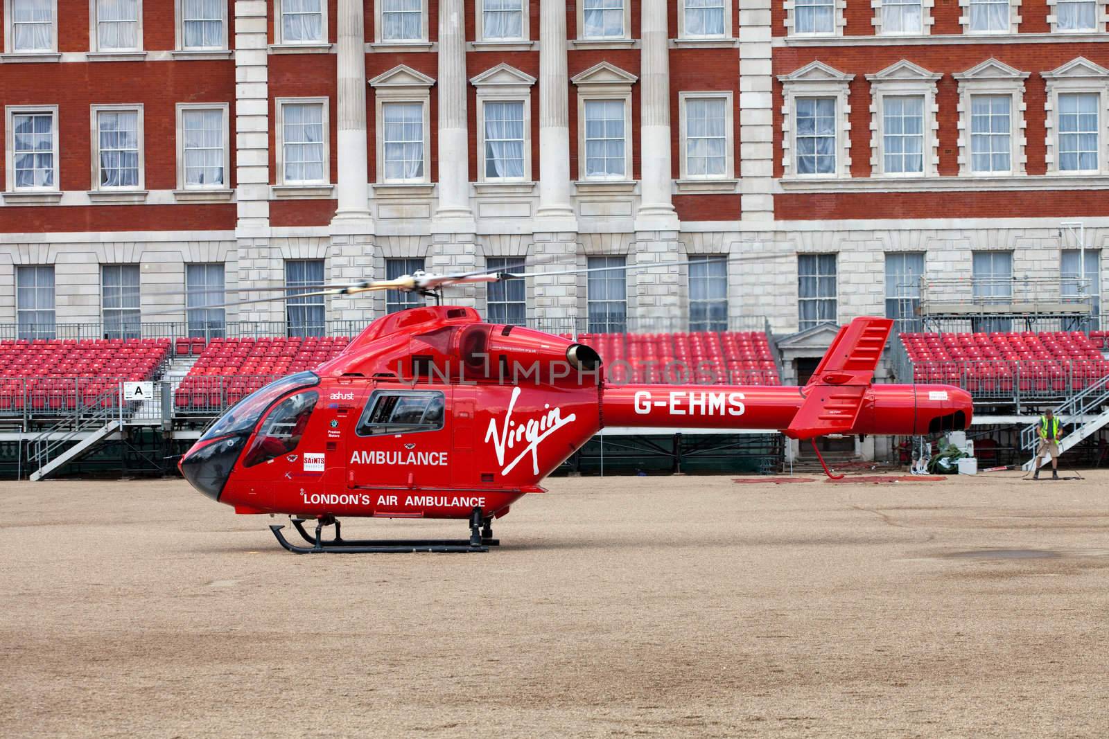 LONDON - JUNE 11: London's Air Ambulance McDonnell Douglas MD 902 Explorer Helicopter landed in Horse Guards Parade London, England on June 11, 2011. London HEMS (Helicopter Emergency Medical Service) is an air ambulance service that responds to seriously ill or injured casualties in and around London