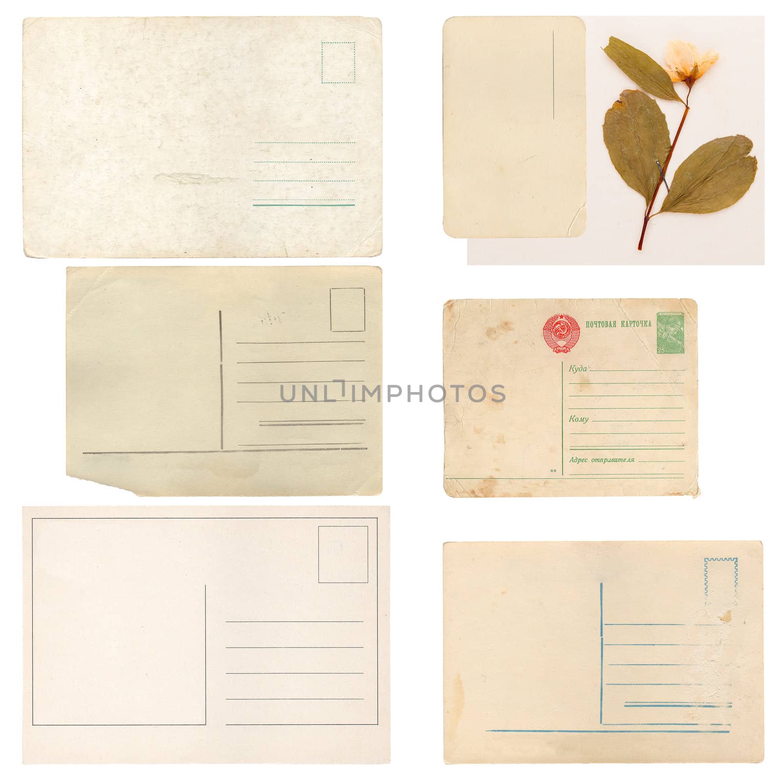 Set of old paper sheets, envelope, card isolated on white background