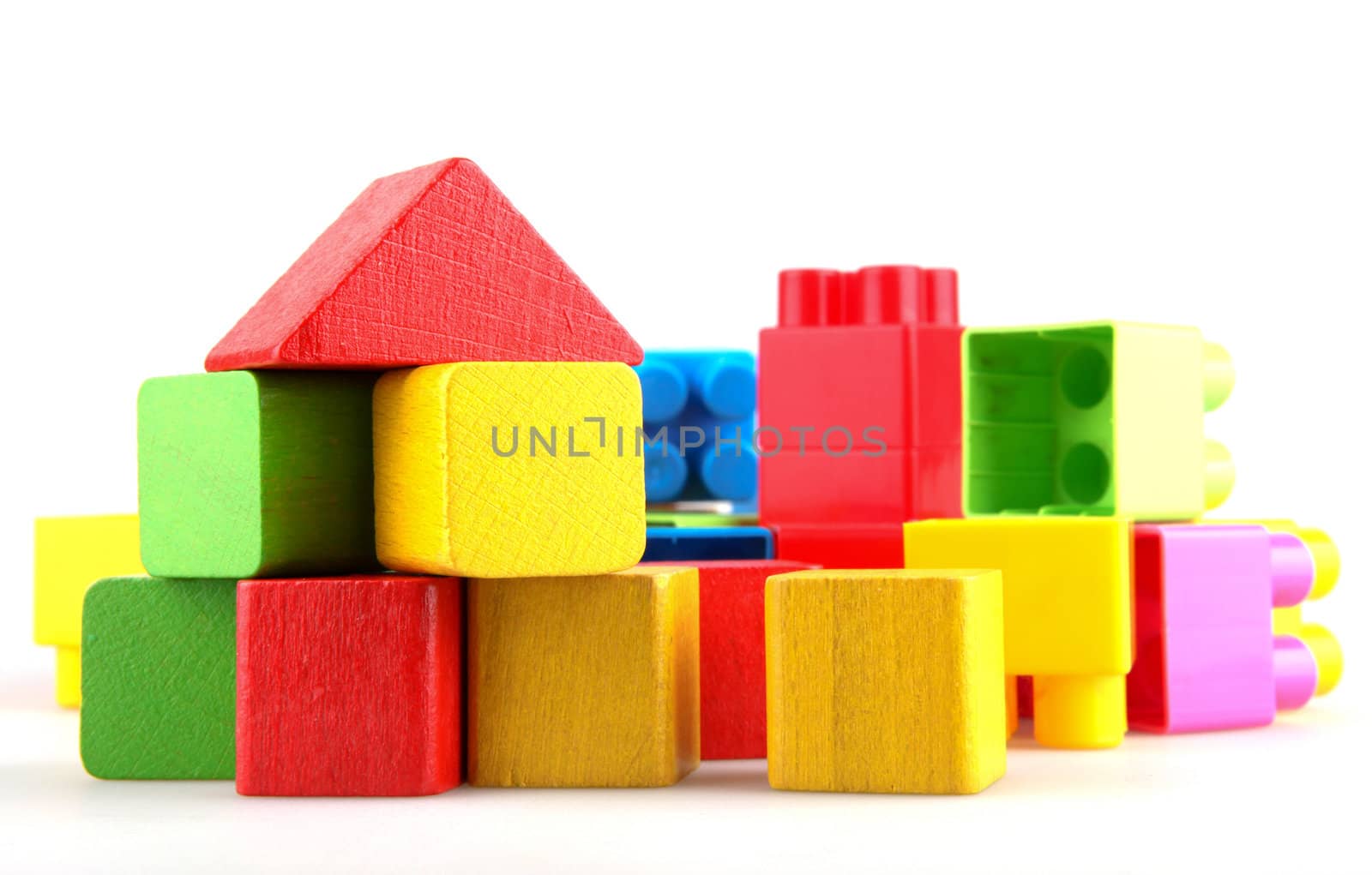 Plastic building blocks on a white background