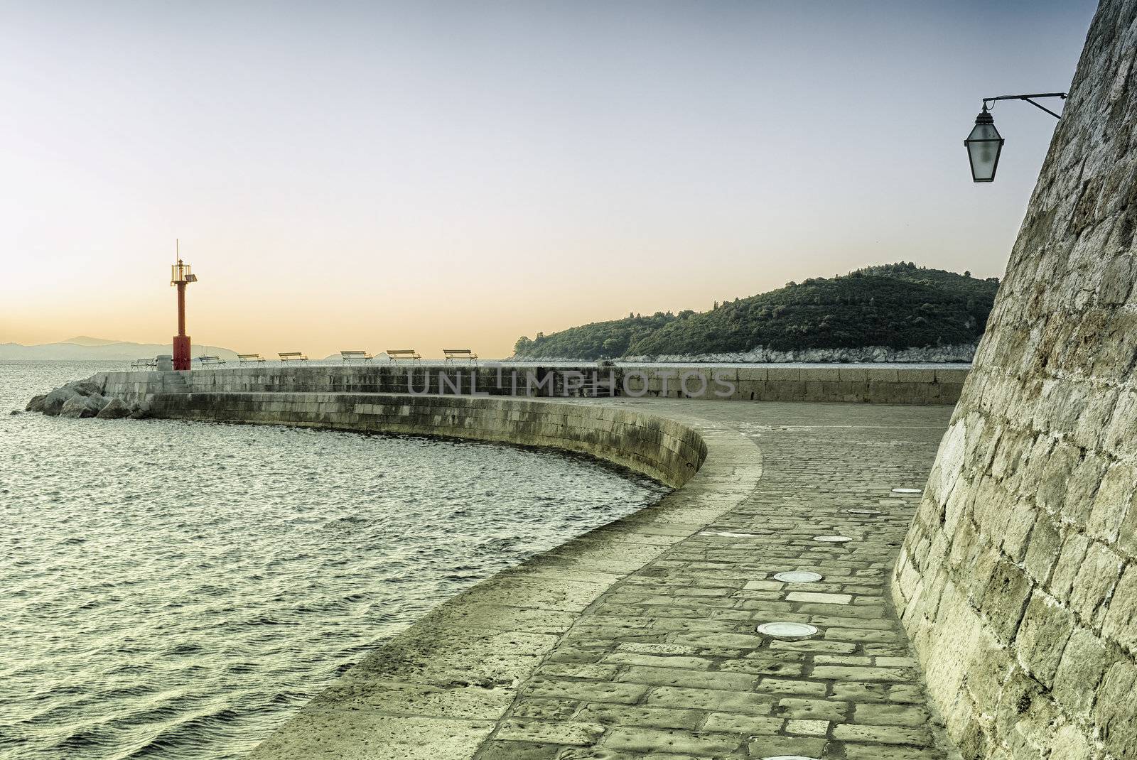 Morning by the entrance of the harbor of Dubrovnik, Croatia.