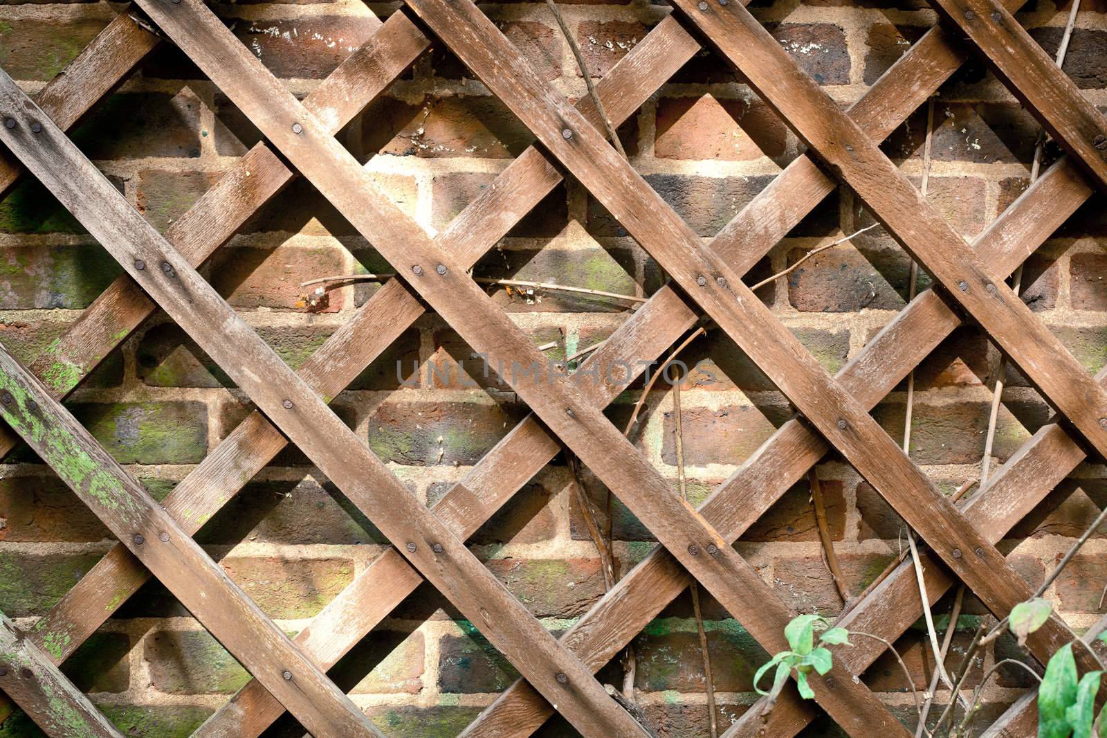 A wooden trellace against a brick wall