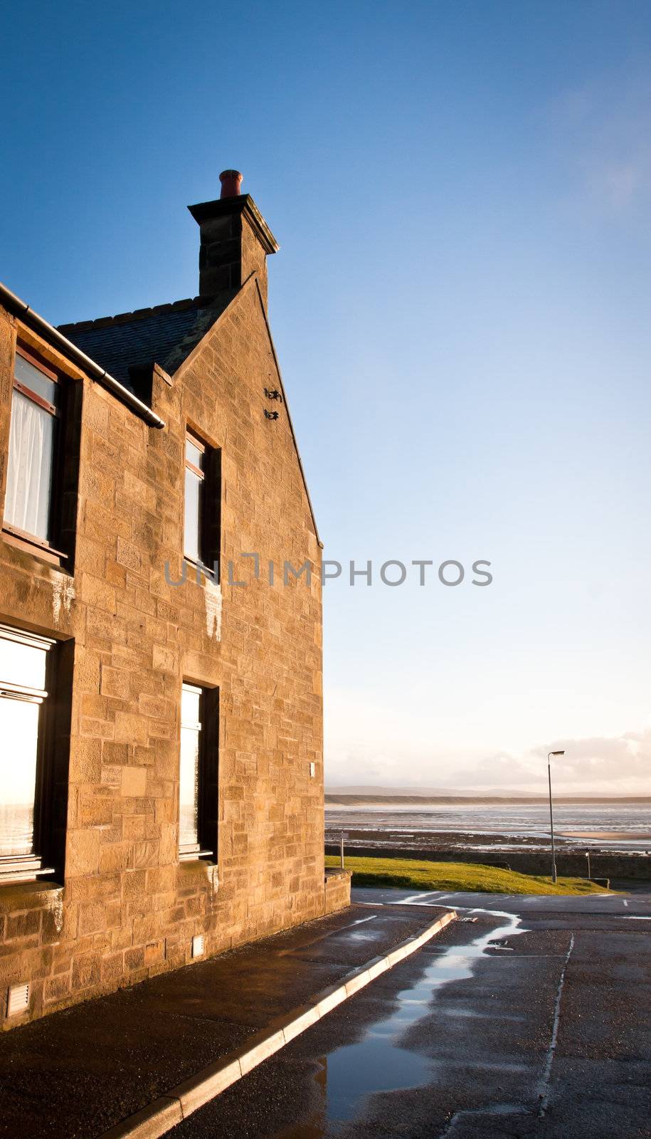 A seaside house in Burghead, Scotland in the winter sunshine