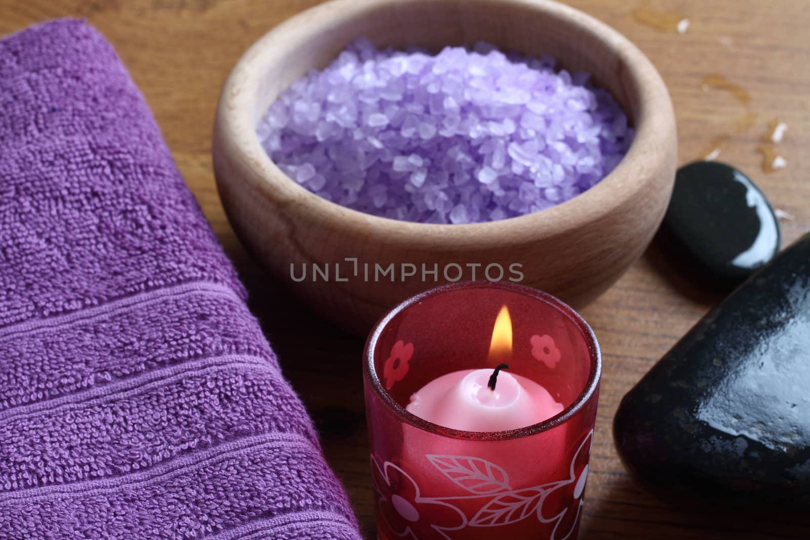 Lavender bath salt and candle close up , shallow dof