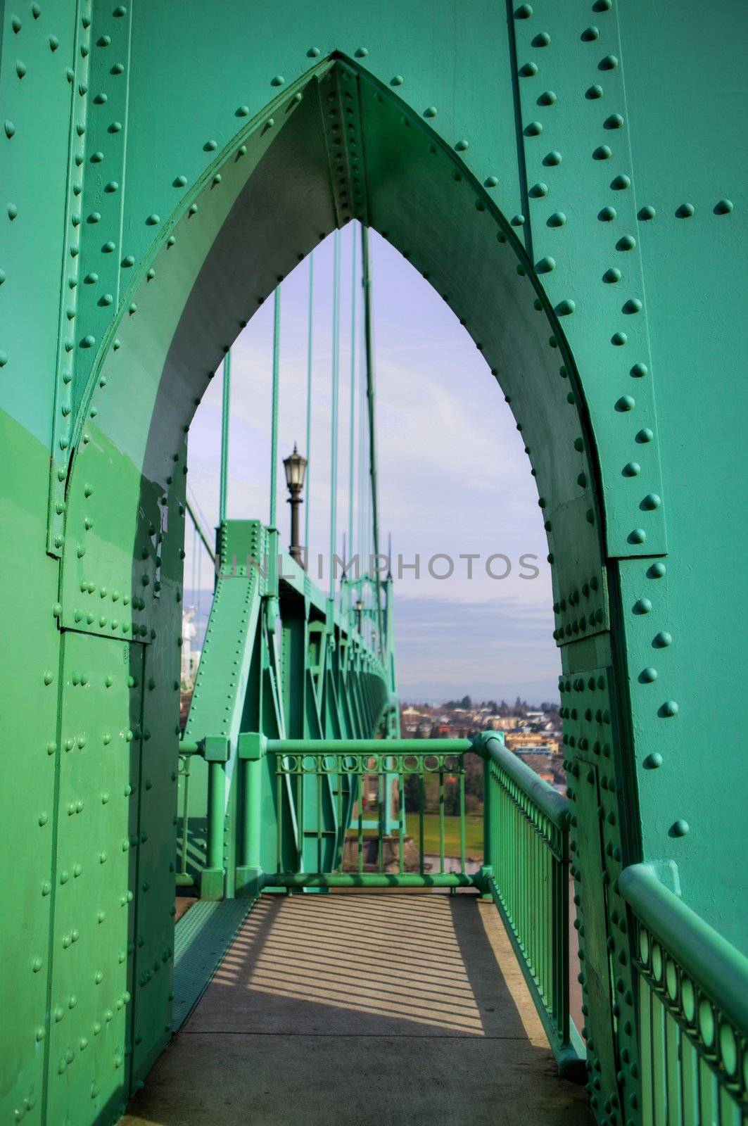 Subtle HDR image of dramatic pointed arch passage on St. Johns Bridge in Portland, OR