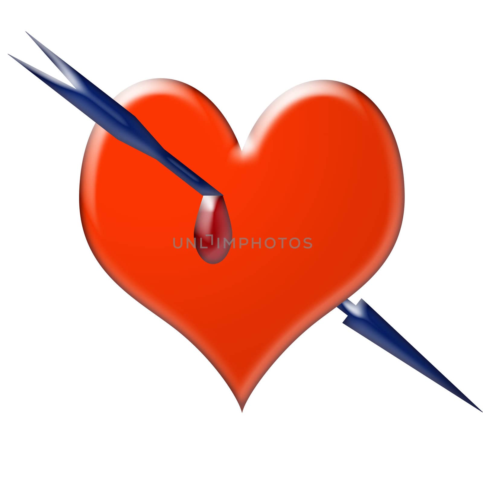 A red heart pierced by an arrow with a single drop of blood