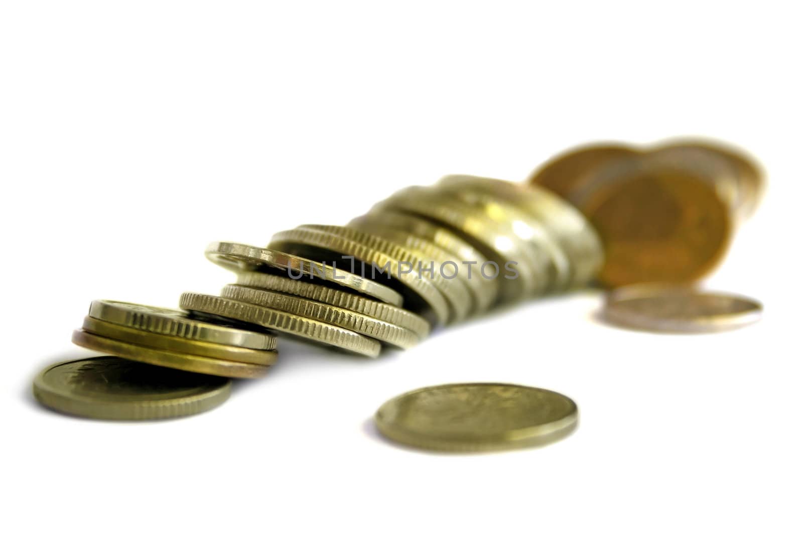 An isolated pile of coins lying horizontally