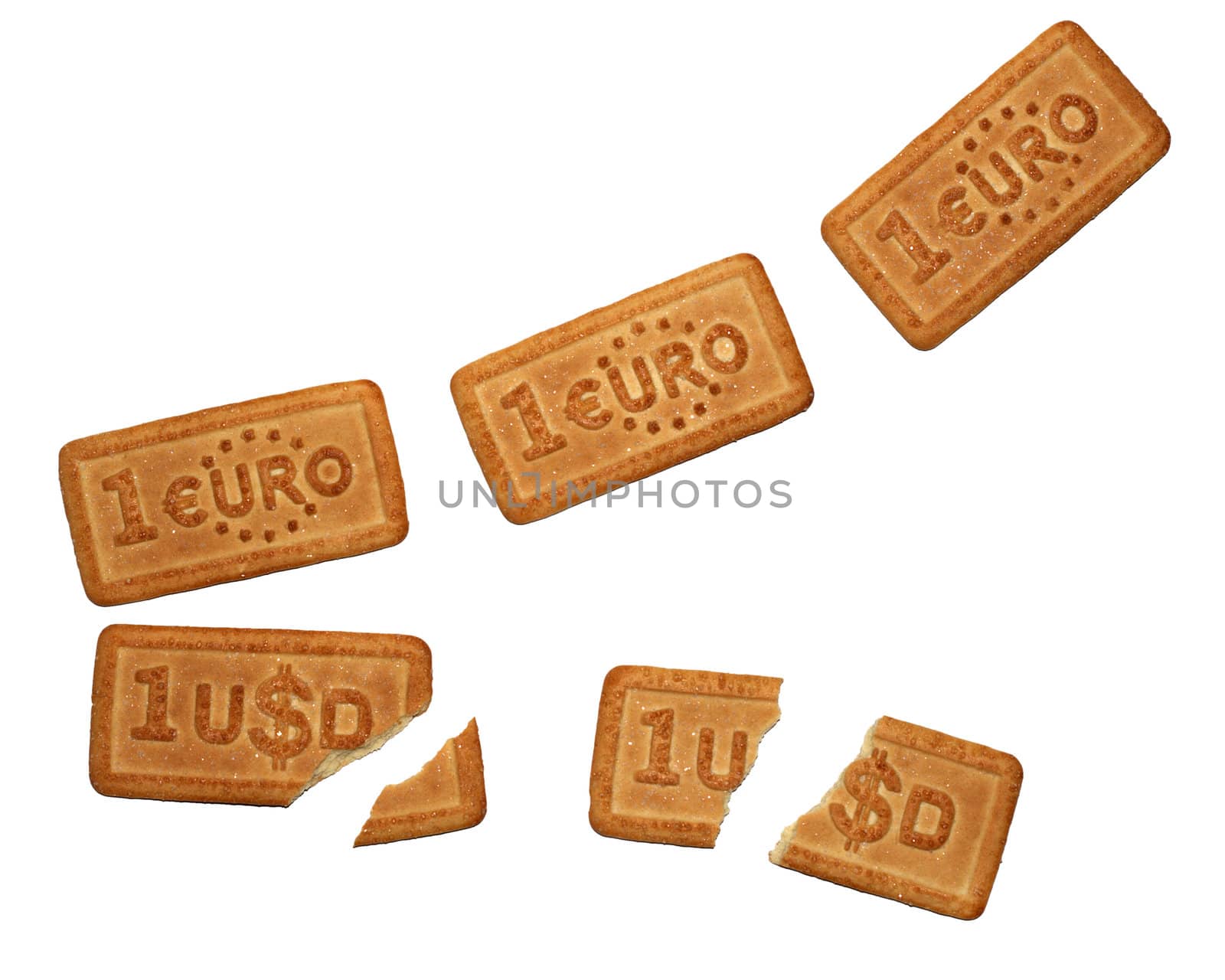 Dollar and euro chart made of biscuits