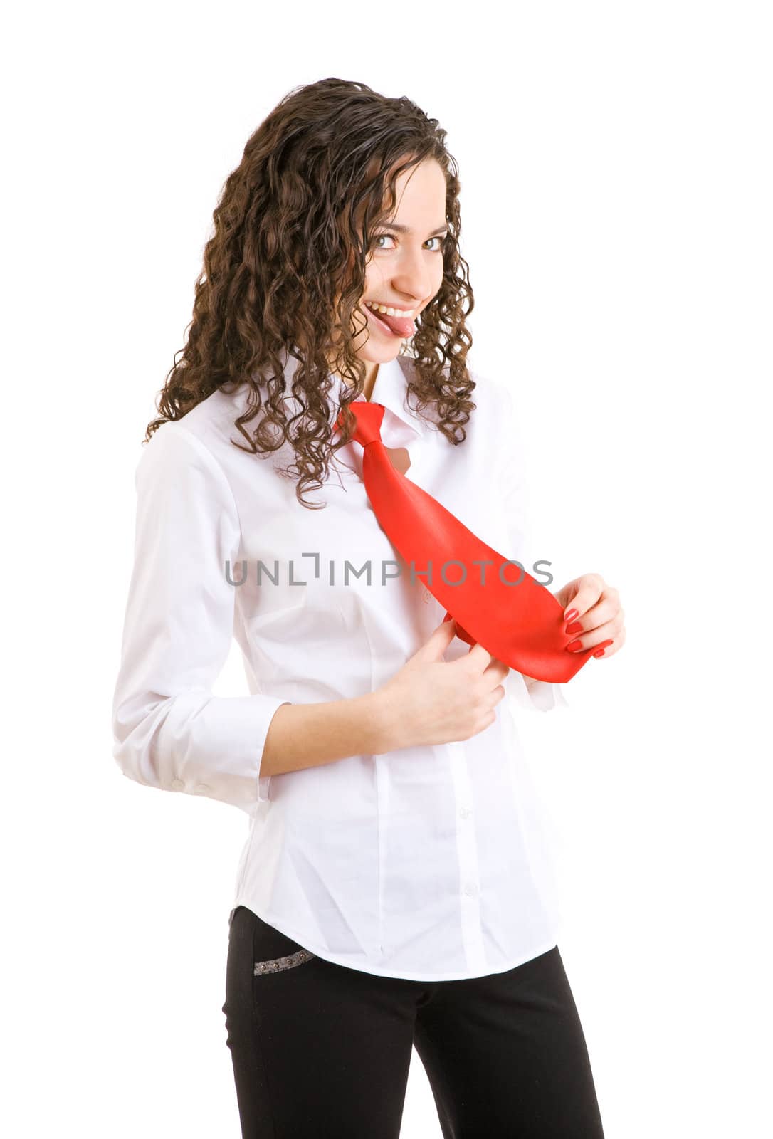 girl playes eith her tie and sticks her tongue out