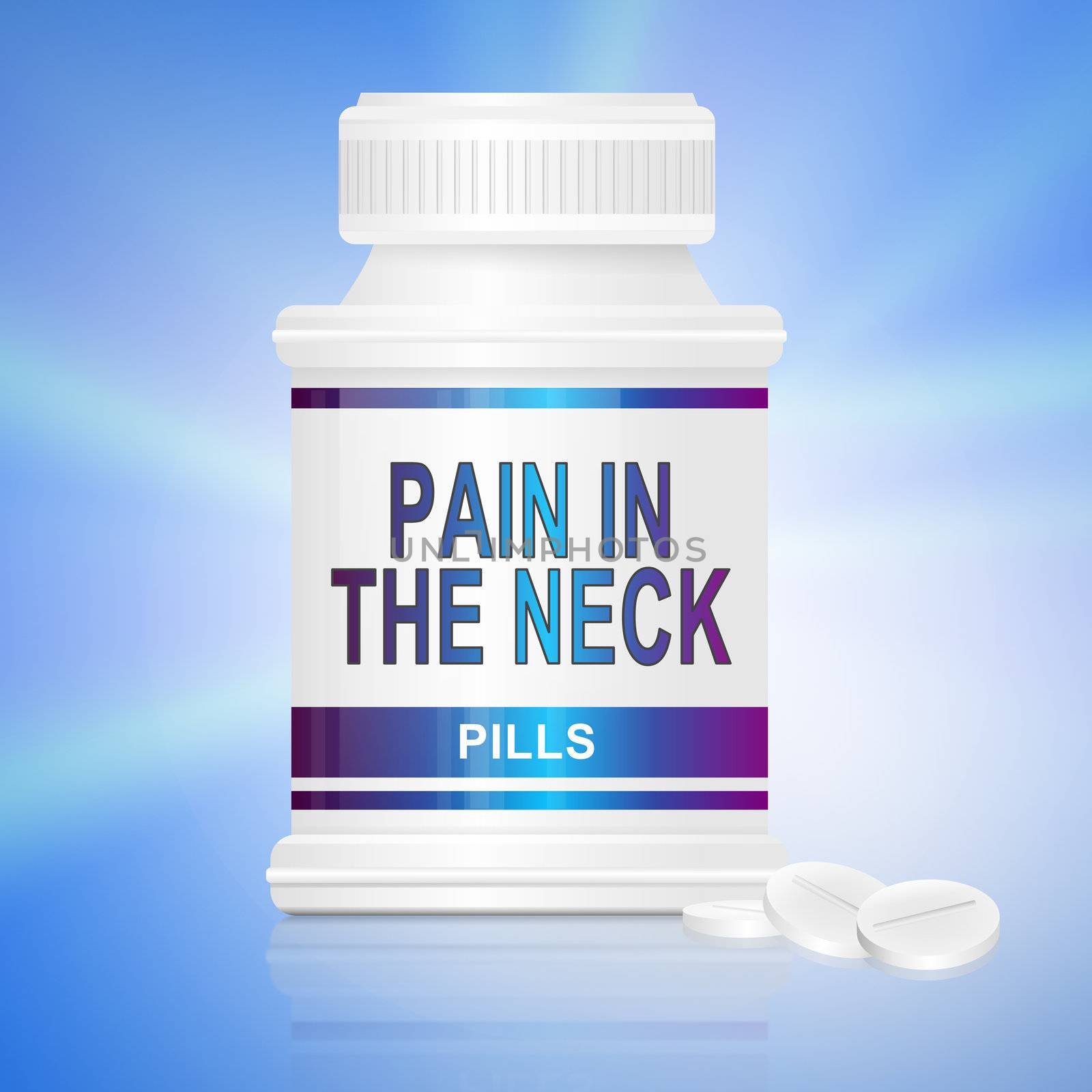 Illustration depicting a single medication container with the words 'pain in the neck pills' on the front with blue background.