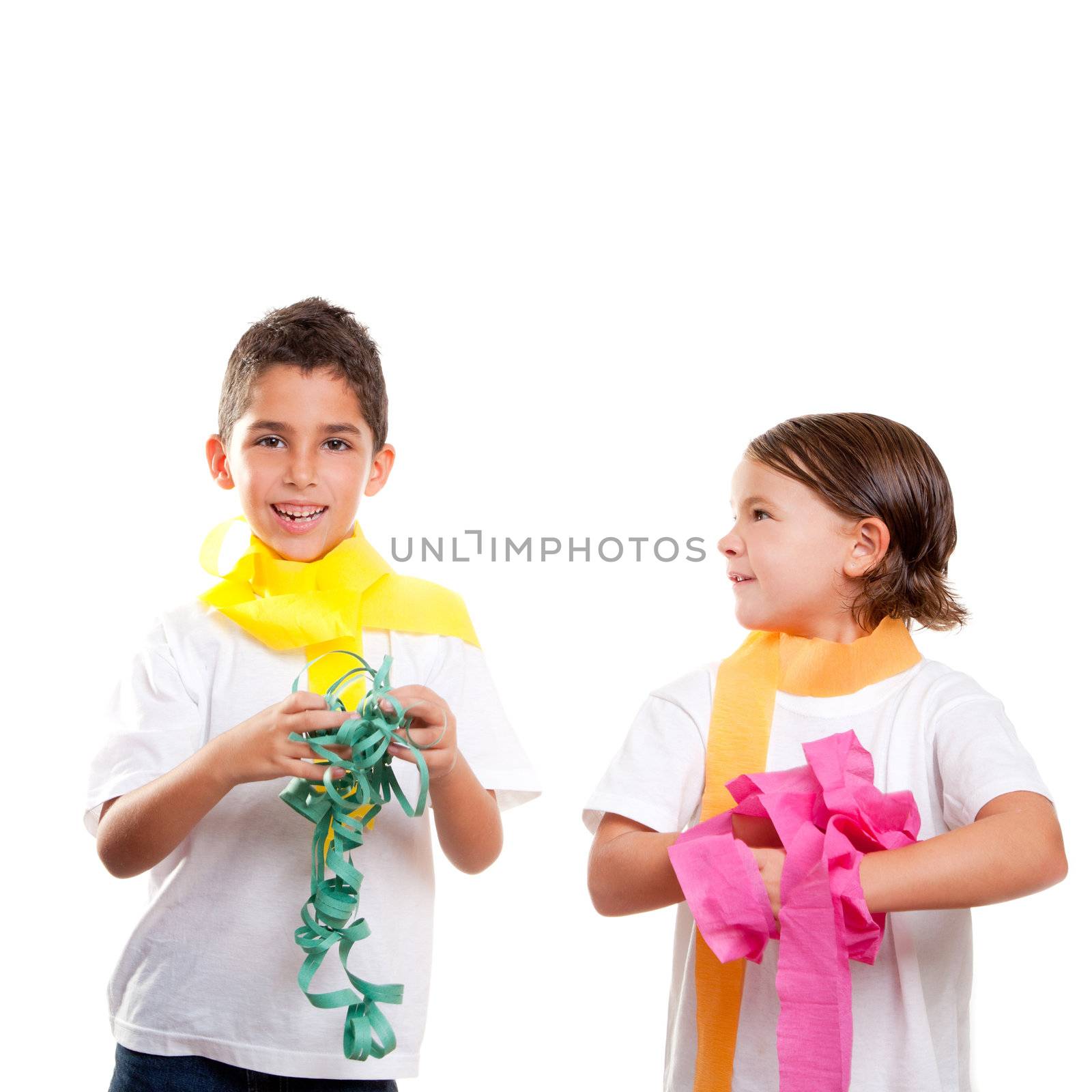 two children kids in a party with messy colorful paper ribbon