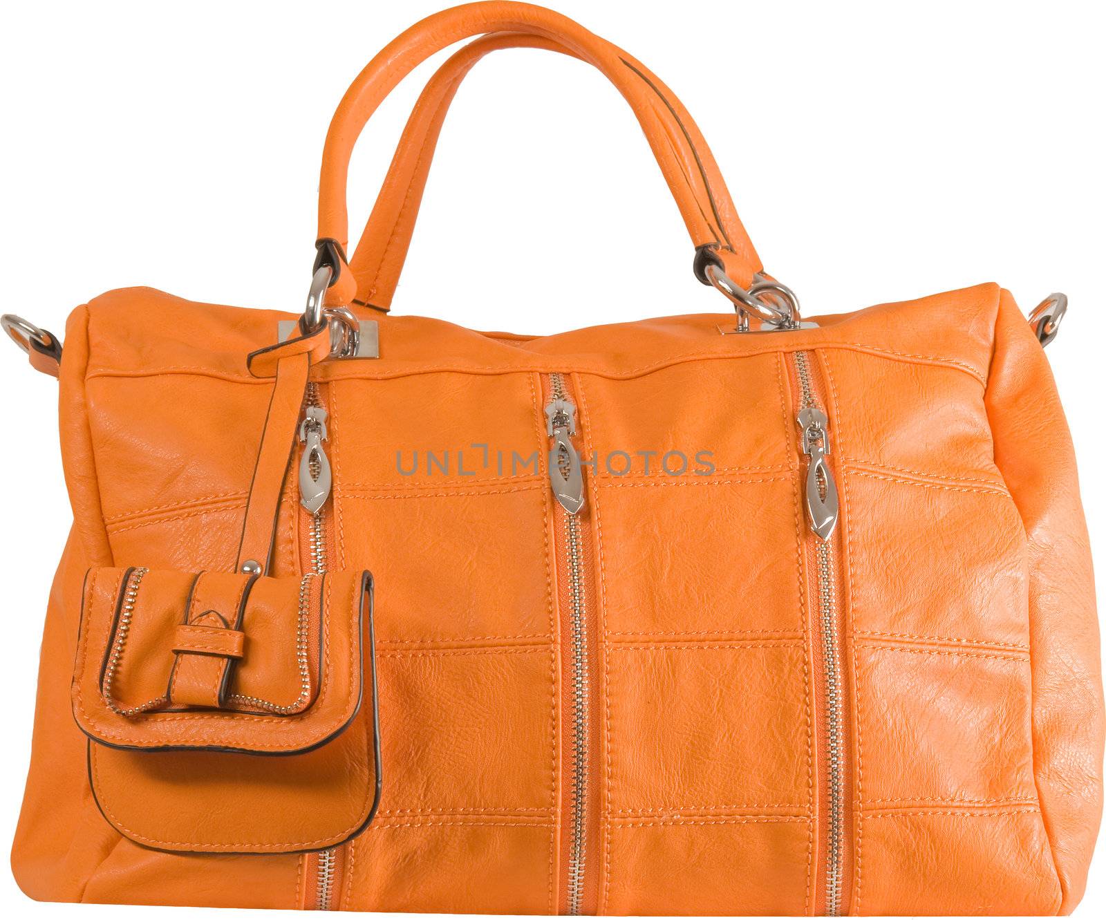 Orange handbag with lots of zippers with leather handles
