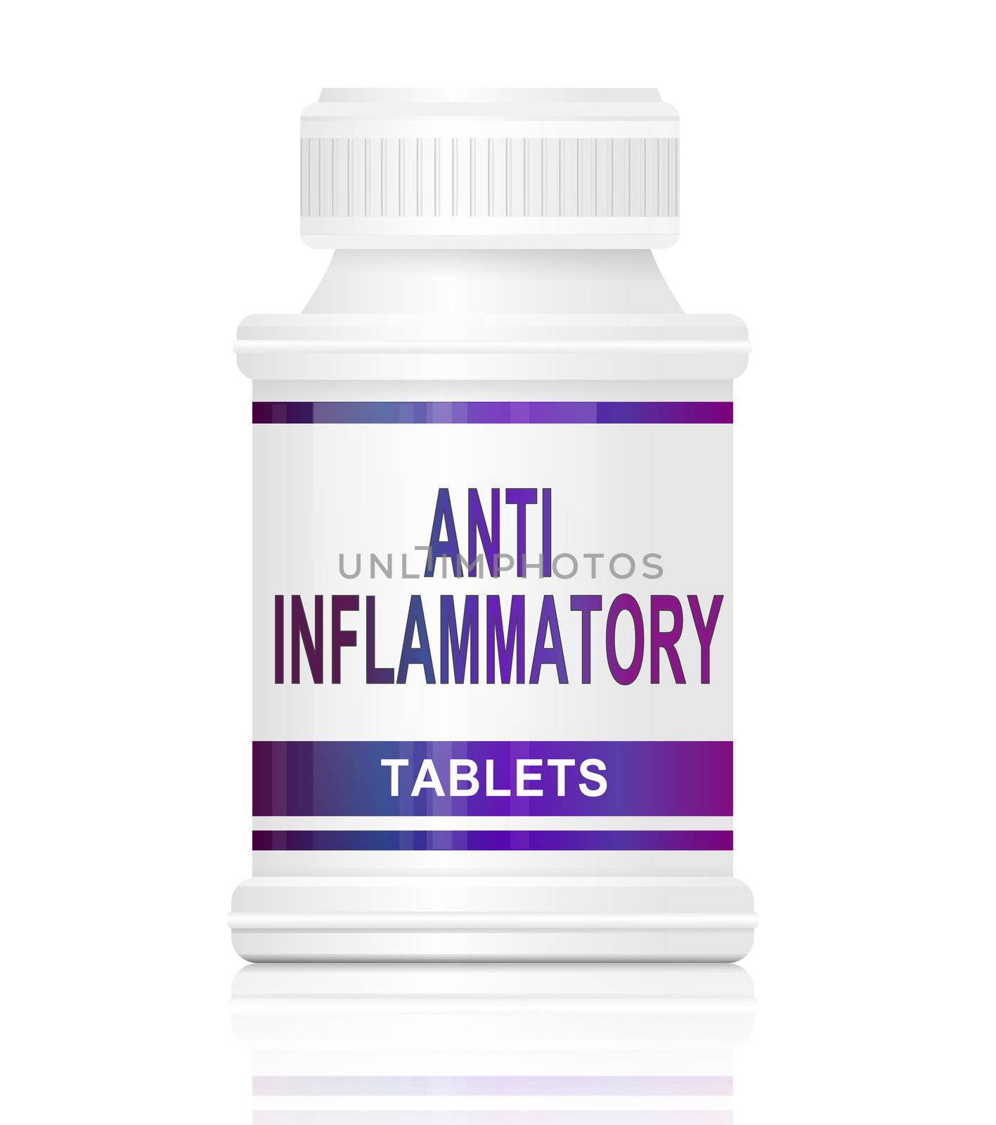 Illustration depicting a single medication container with the words 'anti inflammatory tablets' on the front with white background.