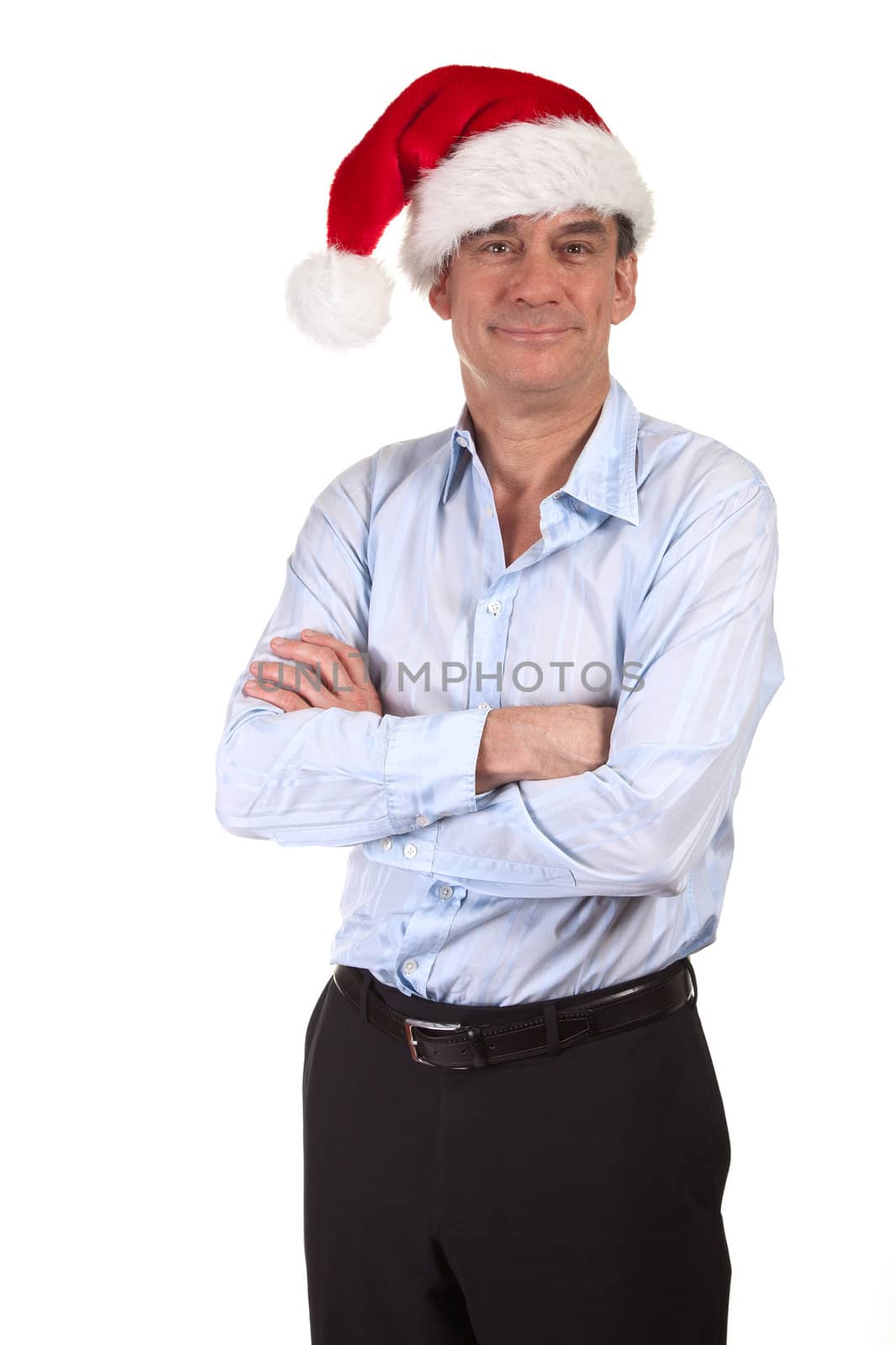 Handsome Smiling Middle Age Business Man in Santa Christmas Hat and Arms Folded Isolated