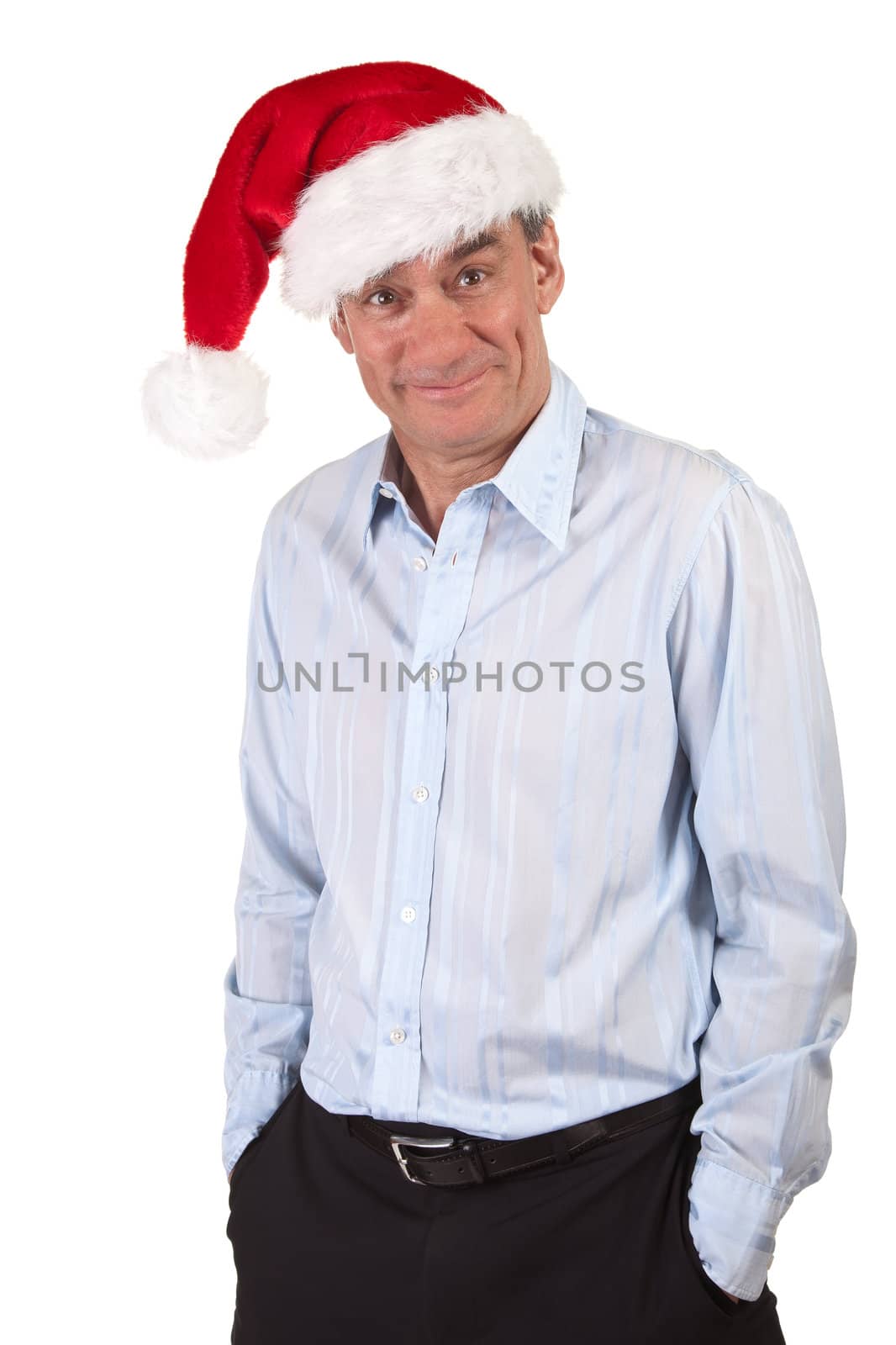 Portrait of Handsome Grinning Middle Age Business Man in Christmas Santa Hat Isolated