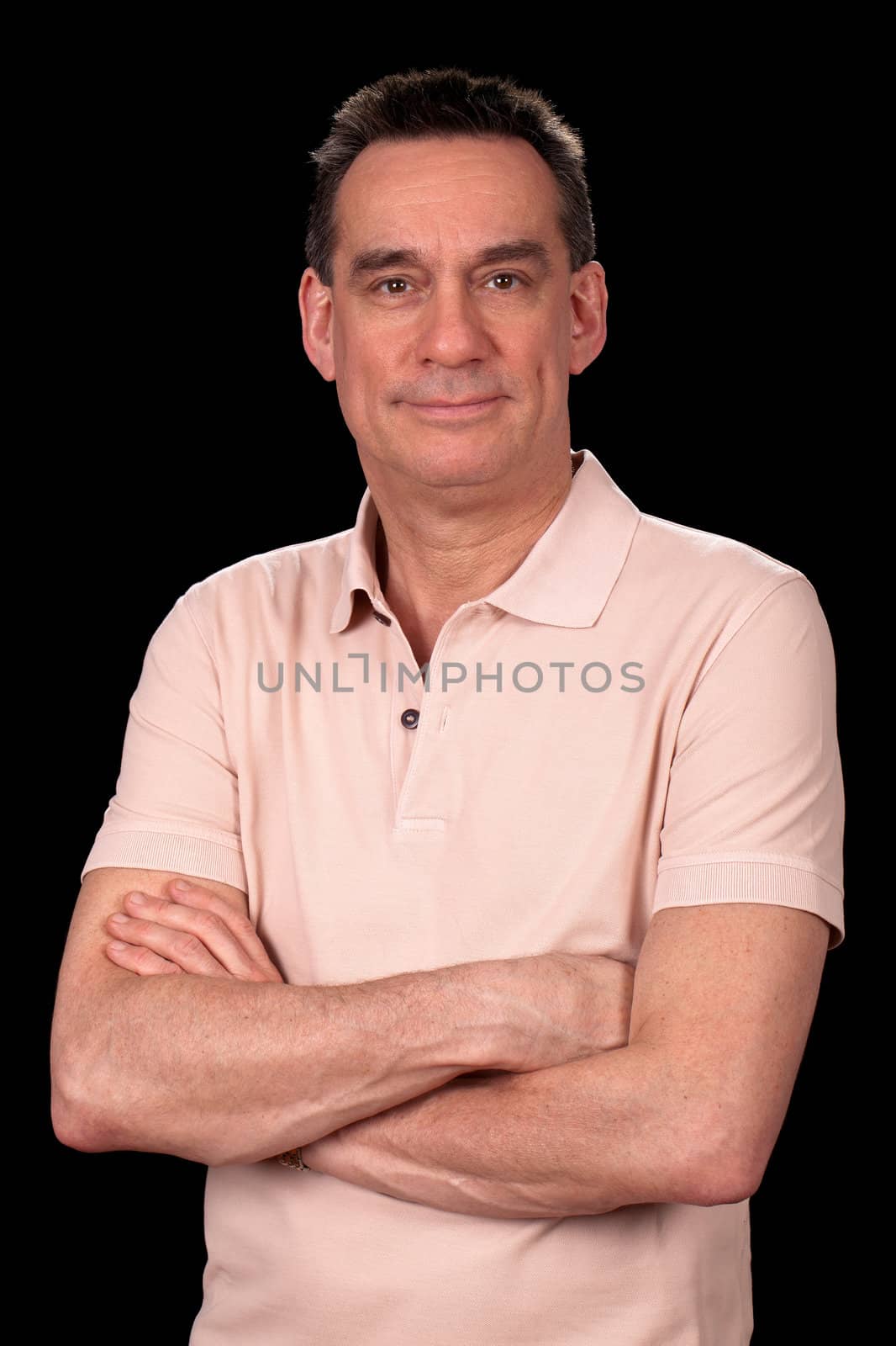 Portrait of Attractive Smiling Middle Age Man in Casual Clothes on Black