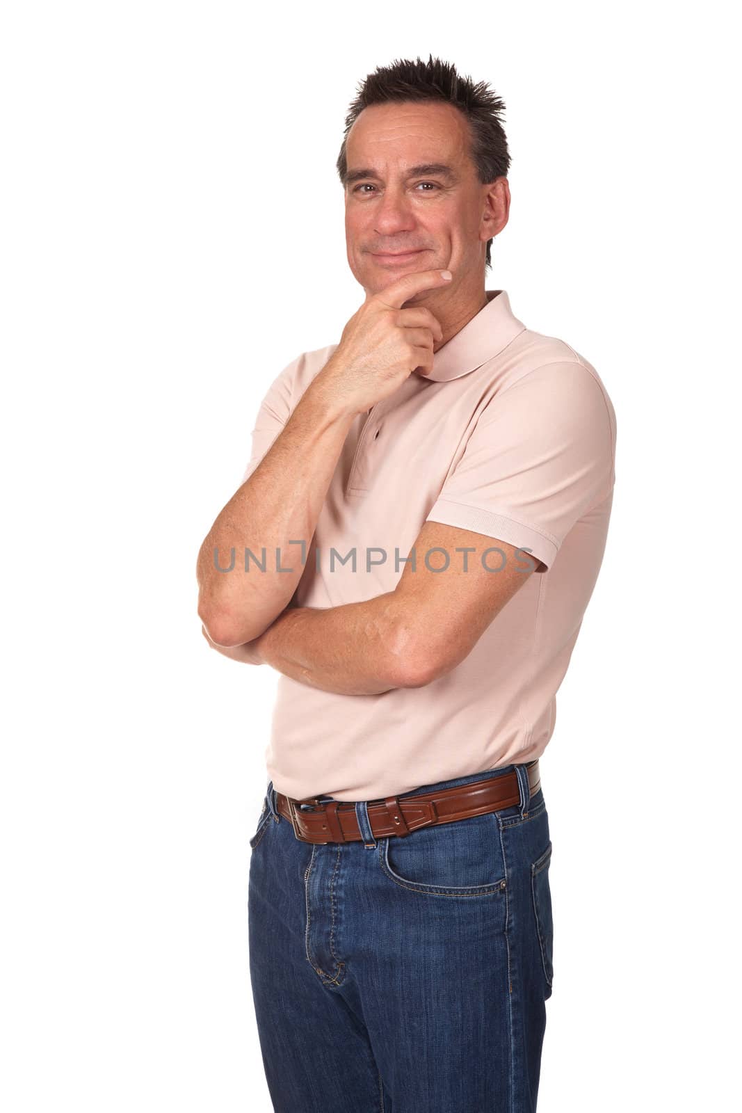 Attractive Smiling Middle Age Man with Hand to Face in Thought Isolated