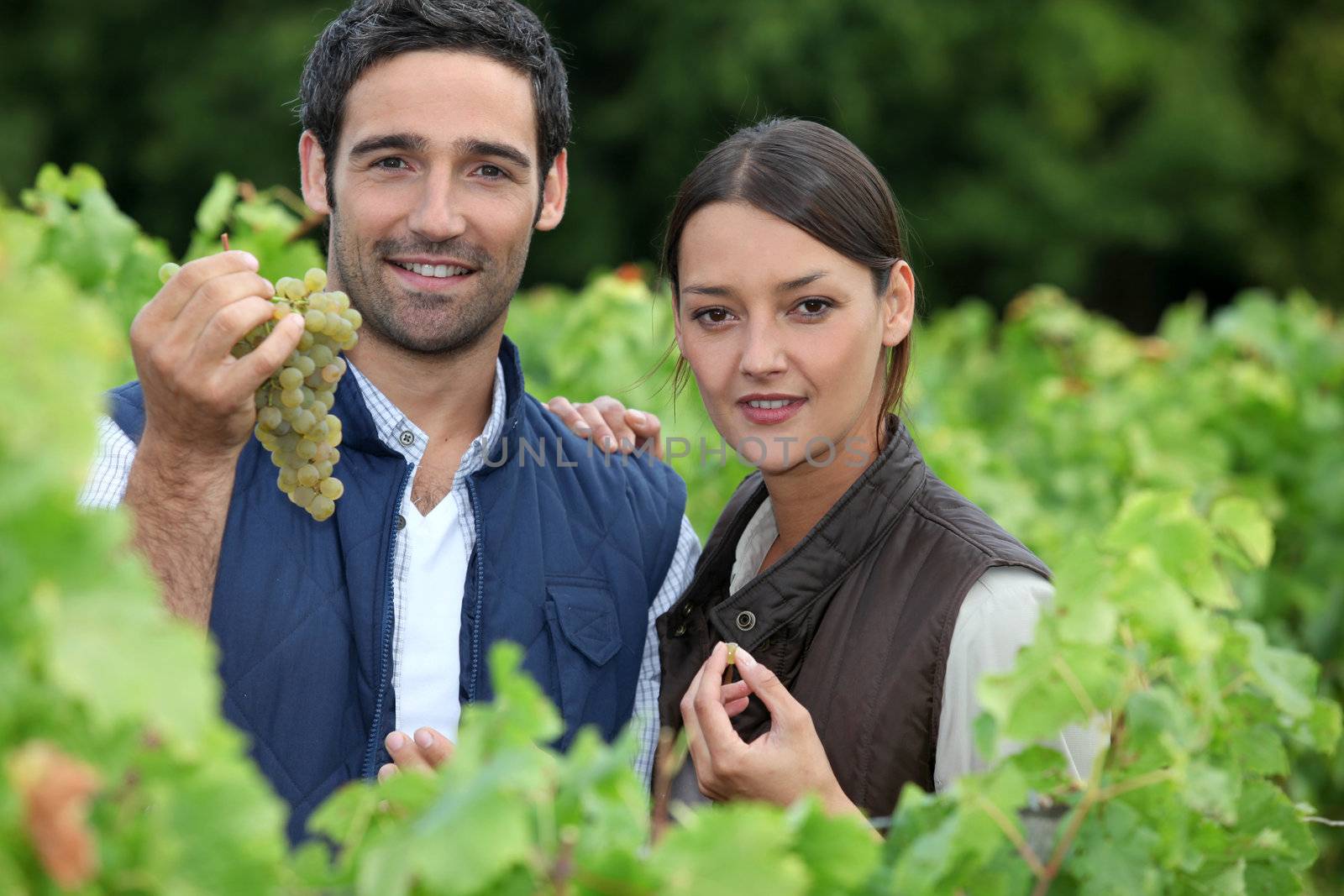 young couple proud of their vineyard by phovoir