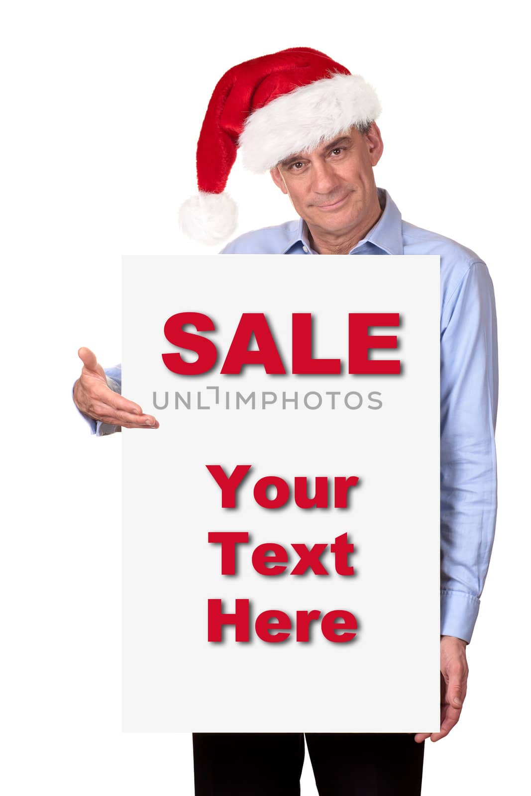 Attractive Middle Age Business Man in Santa Hat Holding Blank White Sign Isolated