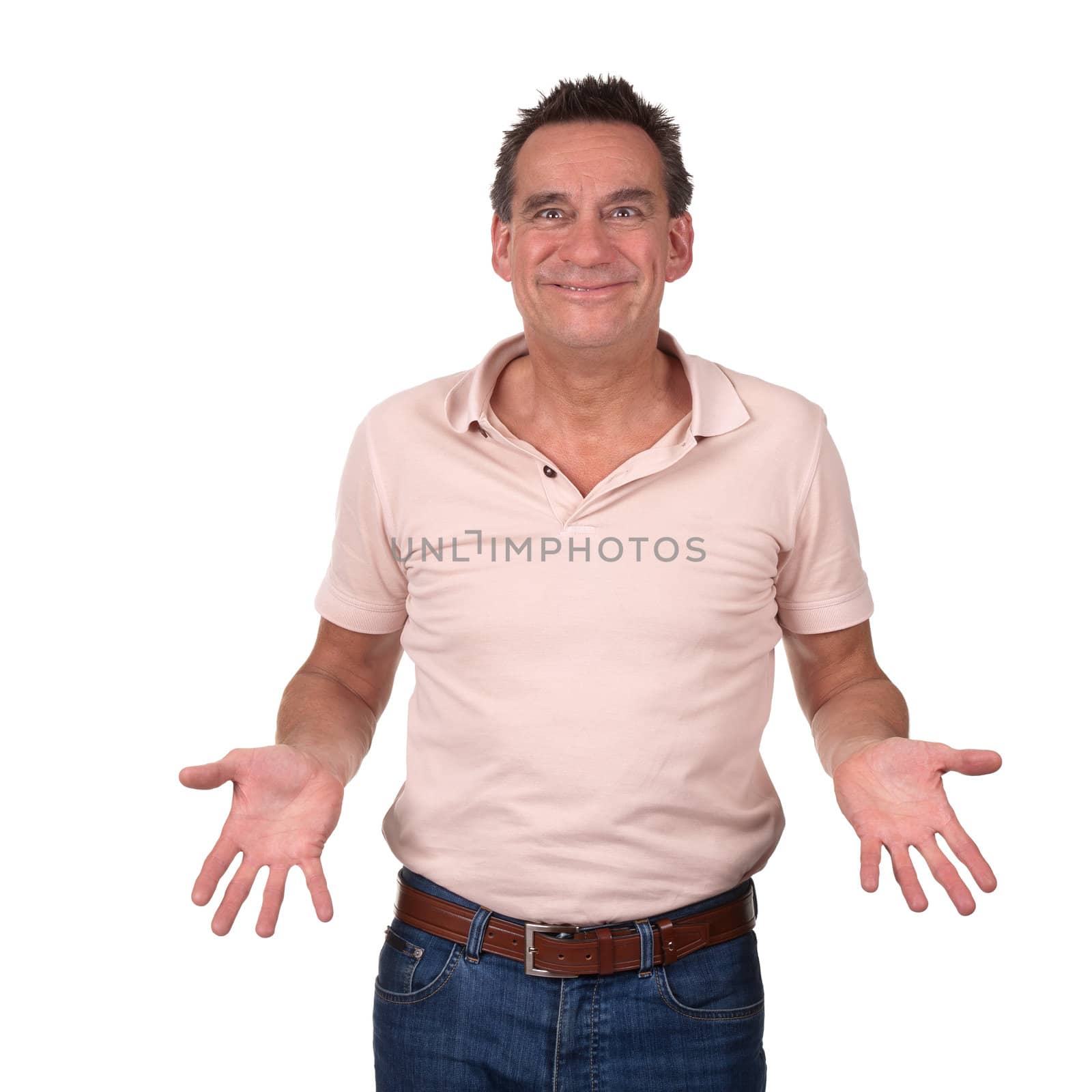 Attractive Smiling Middle Age Man with Cheesy Grin Holding Hands Forward Isolated