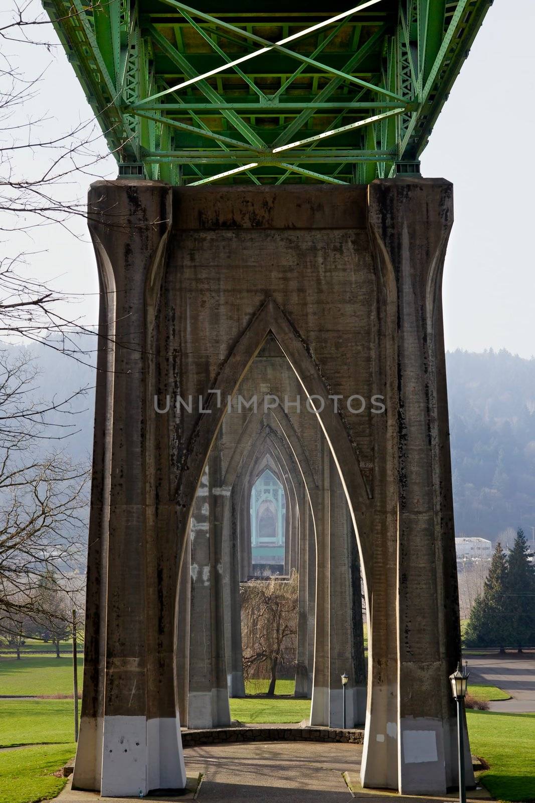 Cathedral like support structure of St. Johns Bridge in Portland Oregon