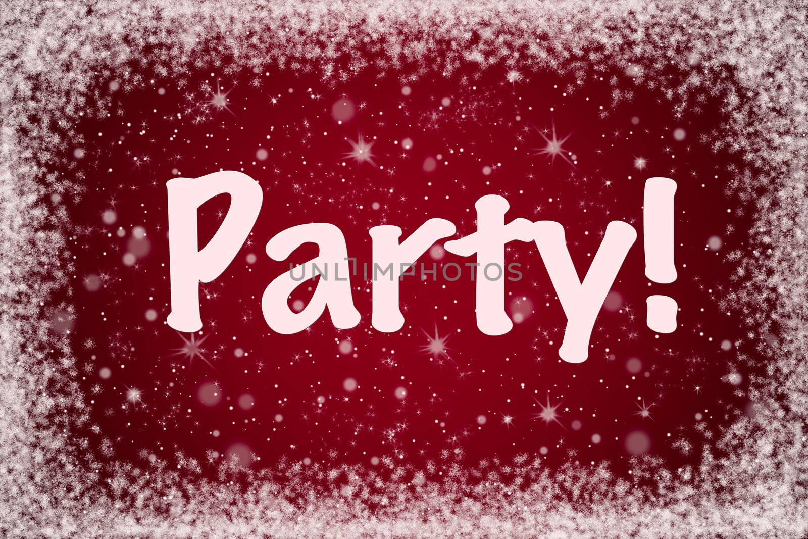 Winter Party Invitation on Red Sparkly Snow Background