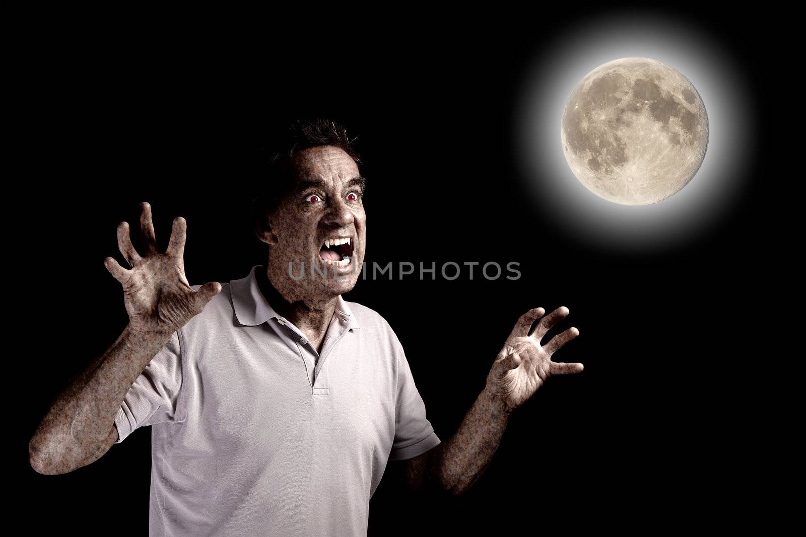 Scary Man Turning into Werewolf Fang Beast under Full Moon by scheriton