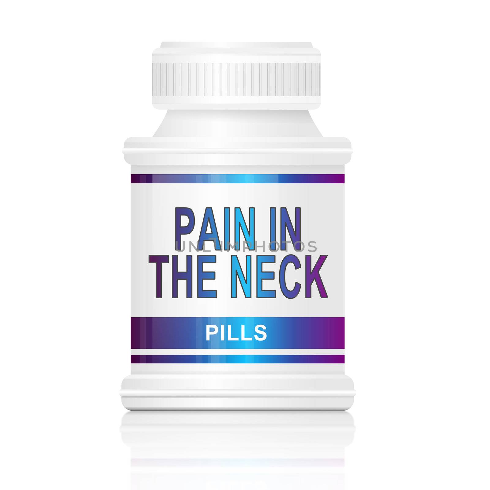 Illustration depicting a single medication container with the words 'pain in the neck pills' on the front with white background.