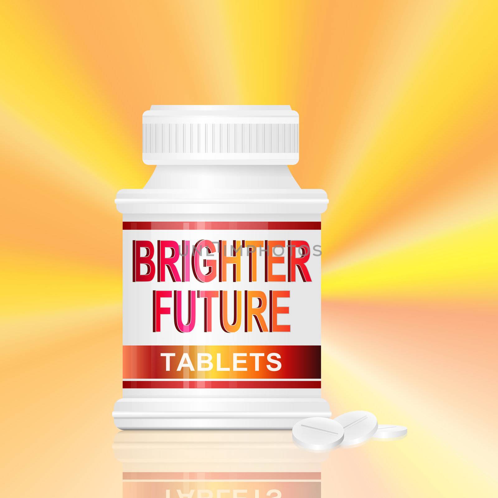 Illustration depicting a single medication container with the words 'brighter future tablets' on the front with golden light effect background and a few tablets in the foreground.