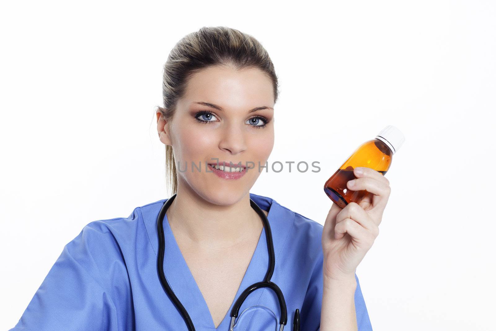 woman doctor with medicine bottle in the hand