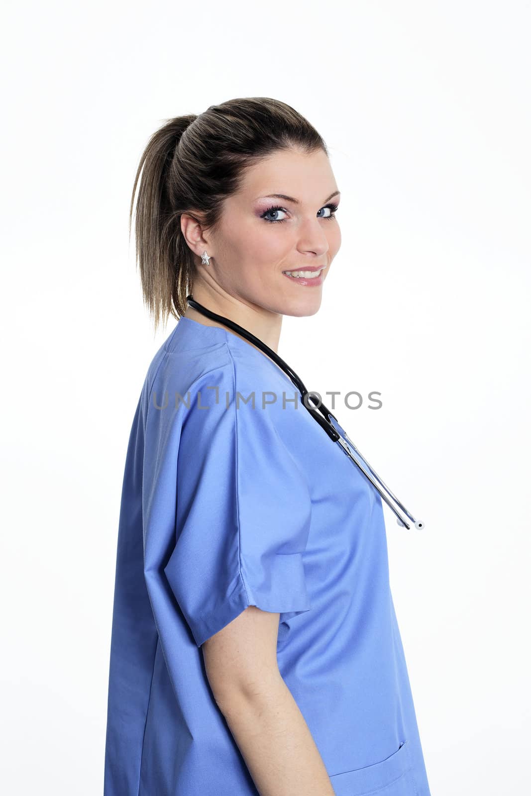 young doctor woman with stethoscope in studio