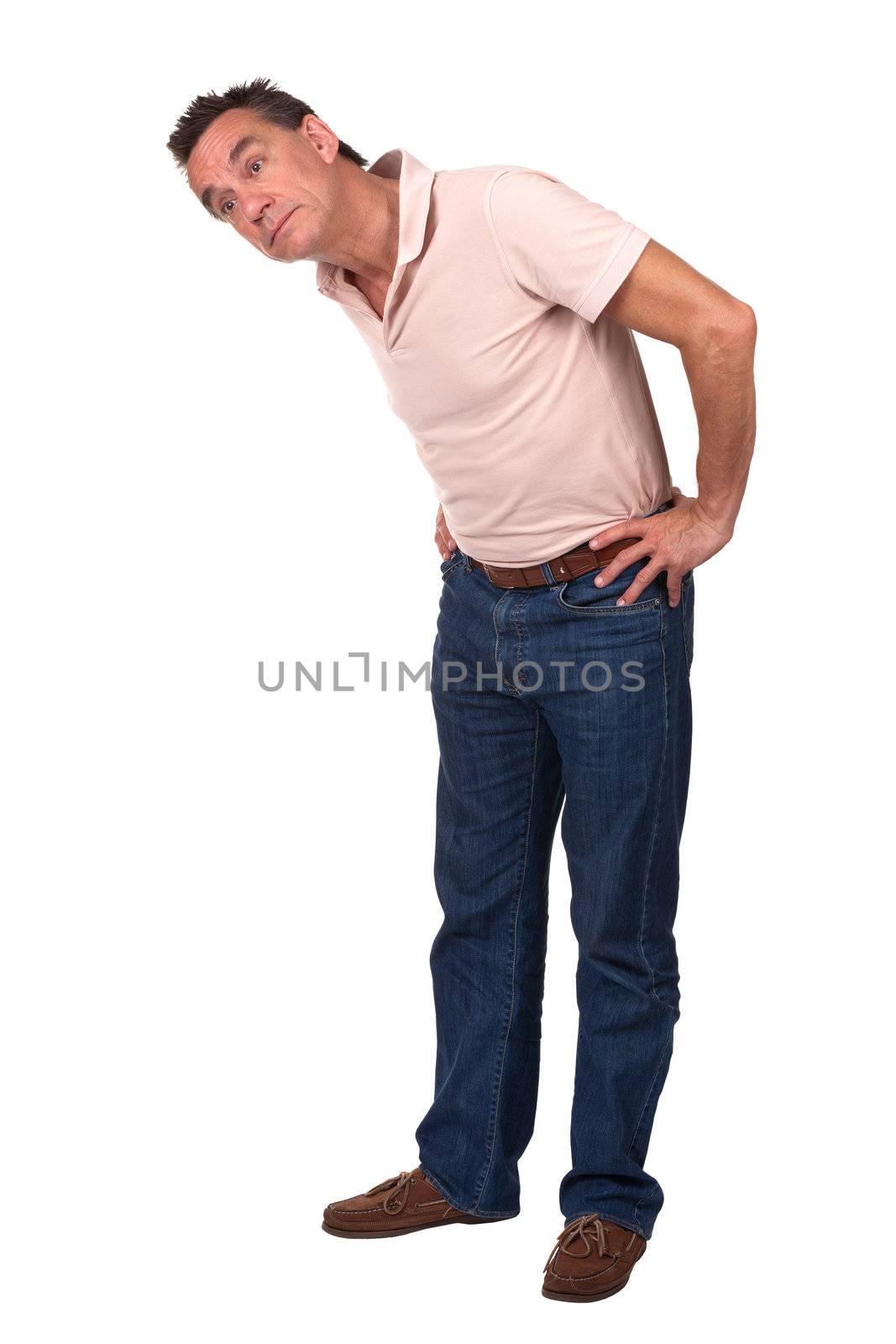 Middle Age Man Bending Over Sideways to Look at Something Full Length Portrait Isolated