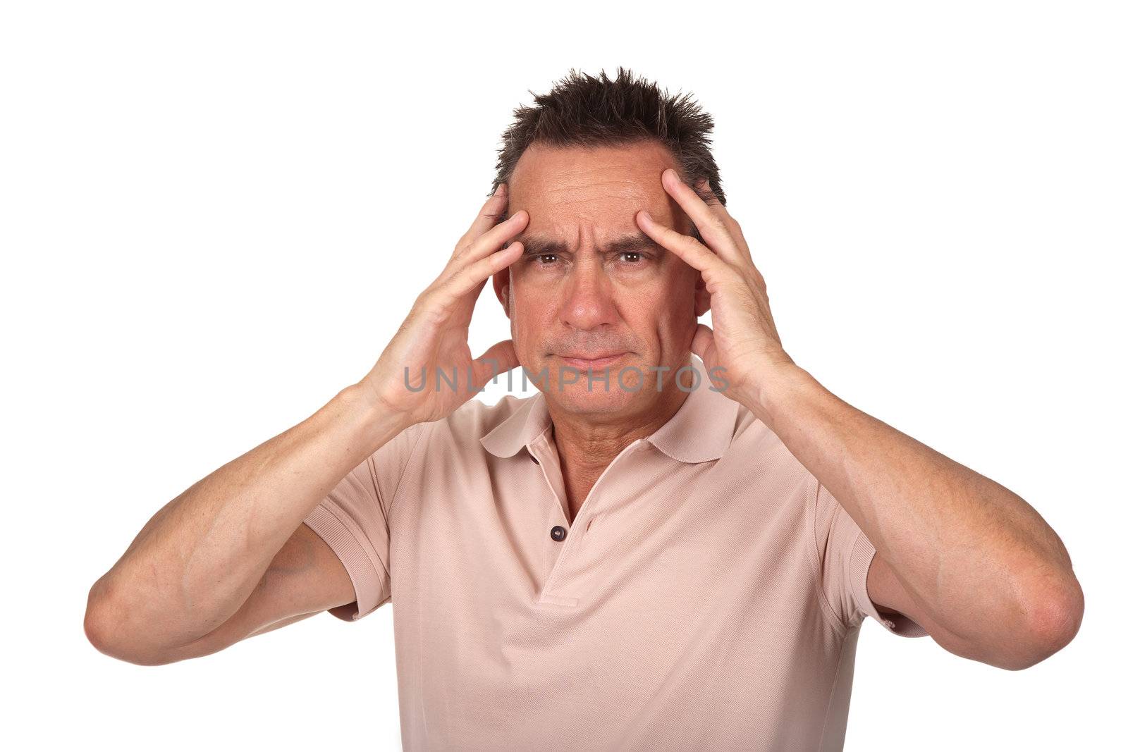 Attractive Middle Age Man Holding Head in Pain with Headache Isolated