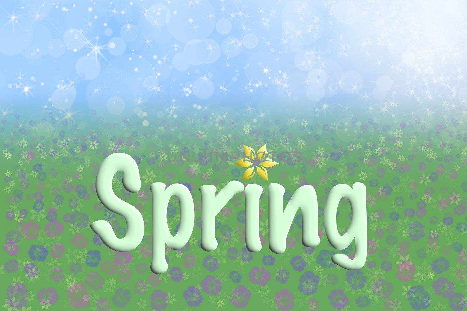 Spring Background Blue Sky Green Grass Flowers Text by scheriton