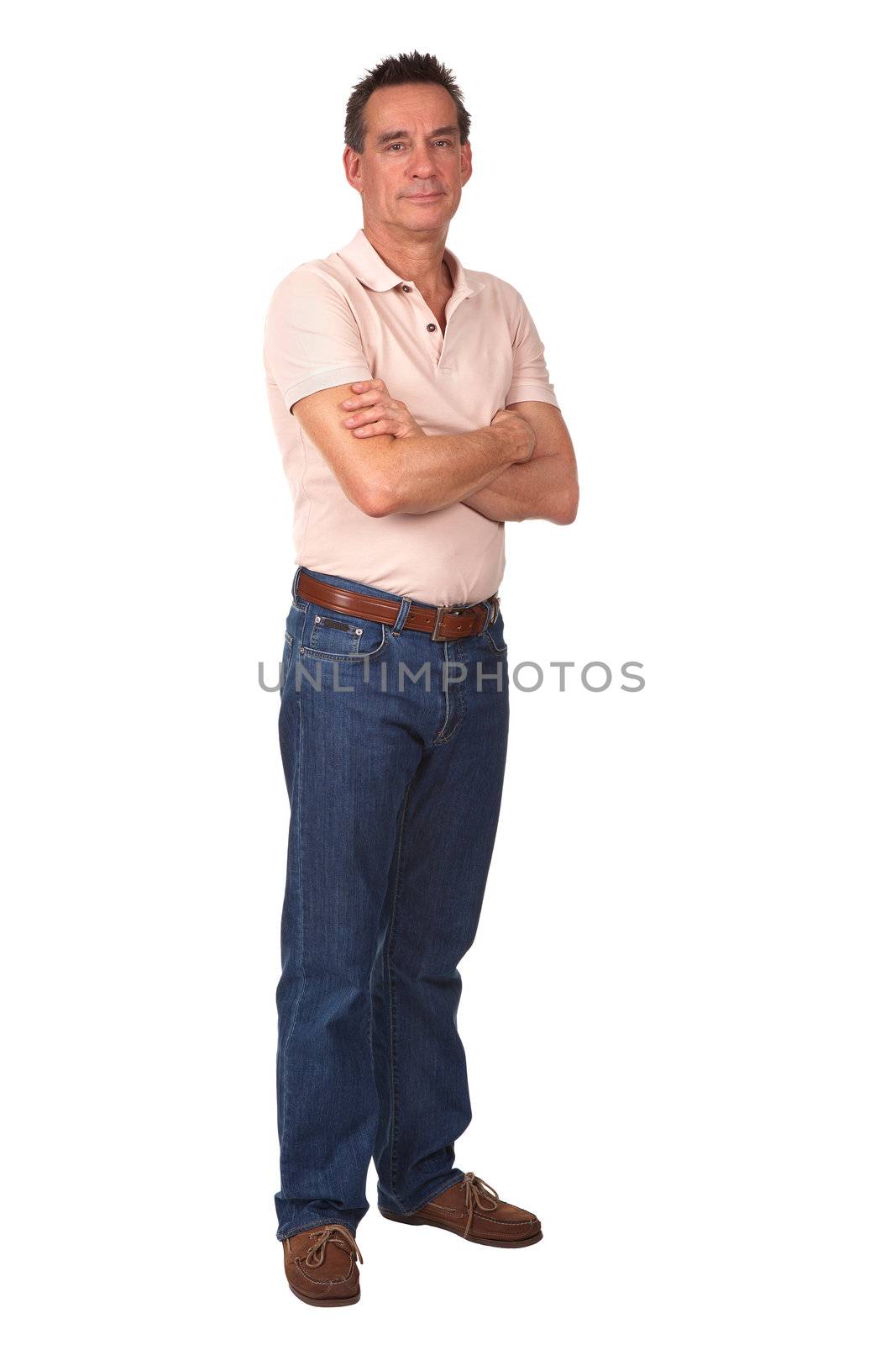 Full Length Portrait of Attractive Middle Age Man Smiling with Arms Folded Isolated