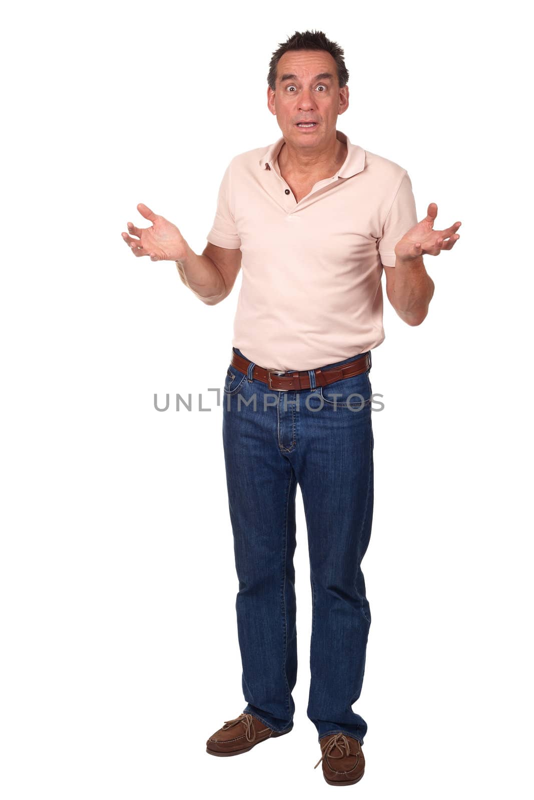 Full Length Portrait of Surprised Shocked Amazed Middle Age Man Holding Up Hands Isolated