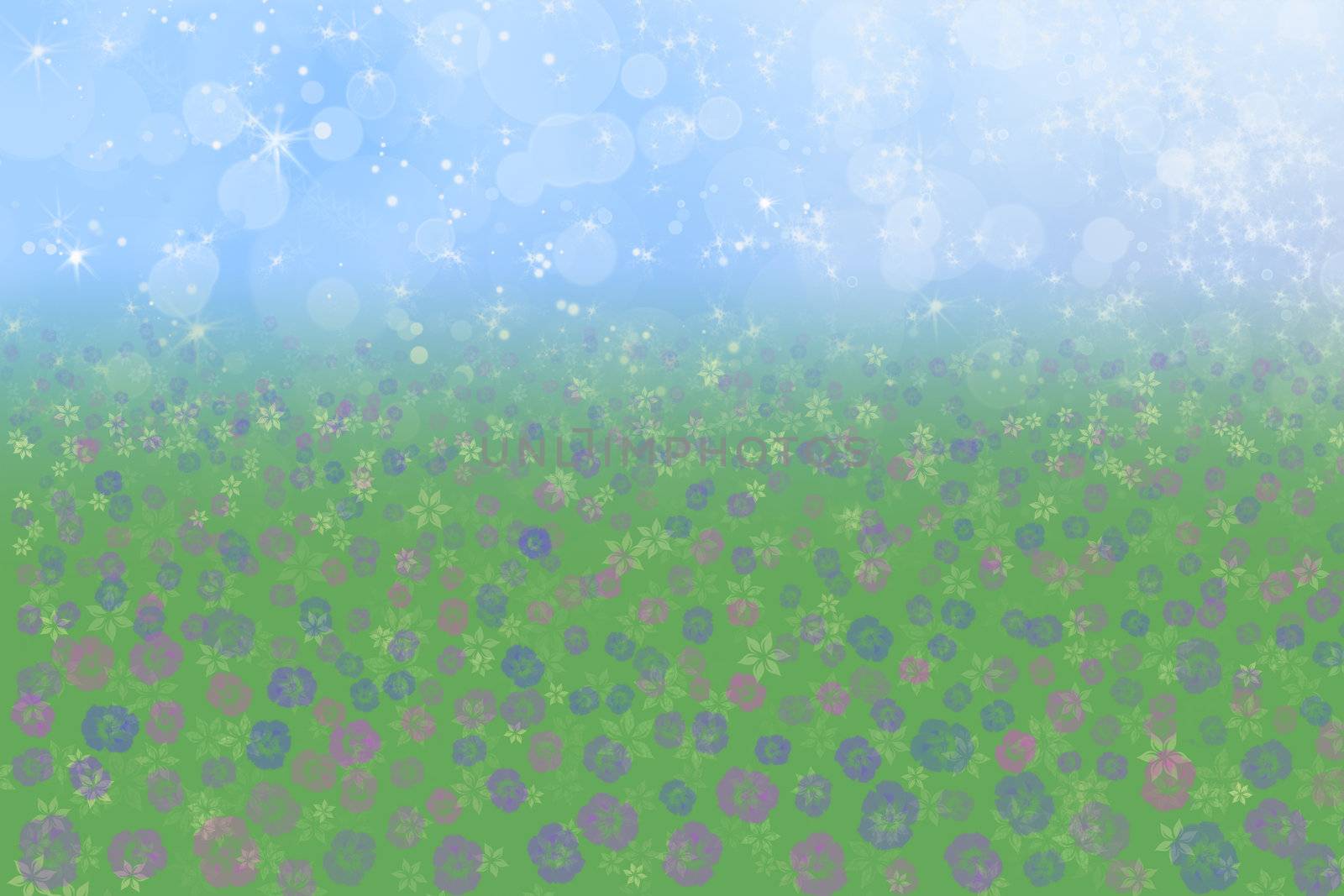 Pretty Spring Background with Blue Sparkly Sky Meadow Grass and Flowers