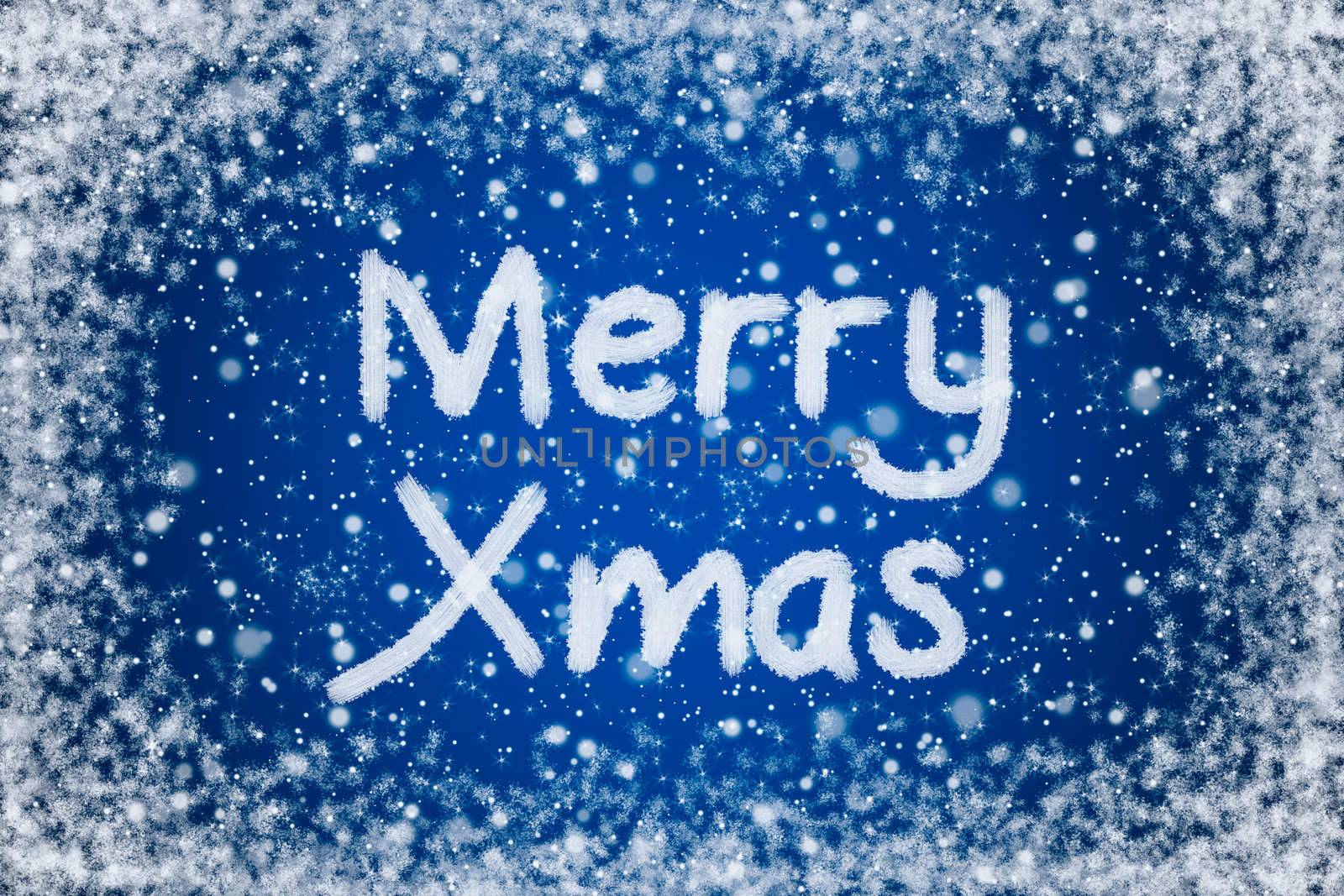 Christmas Blue Background with Merry Xmas Text in Snow Writing by scheriton