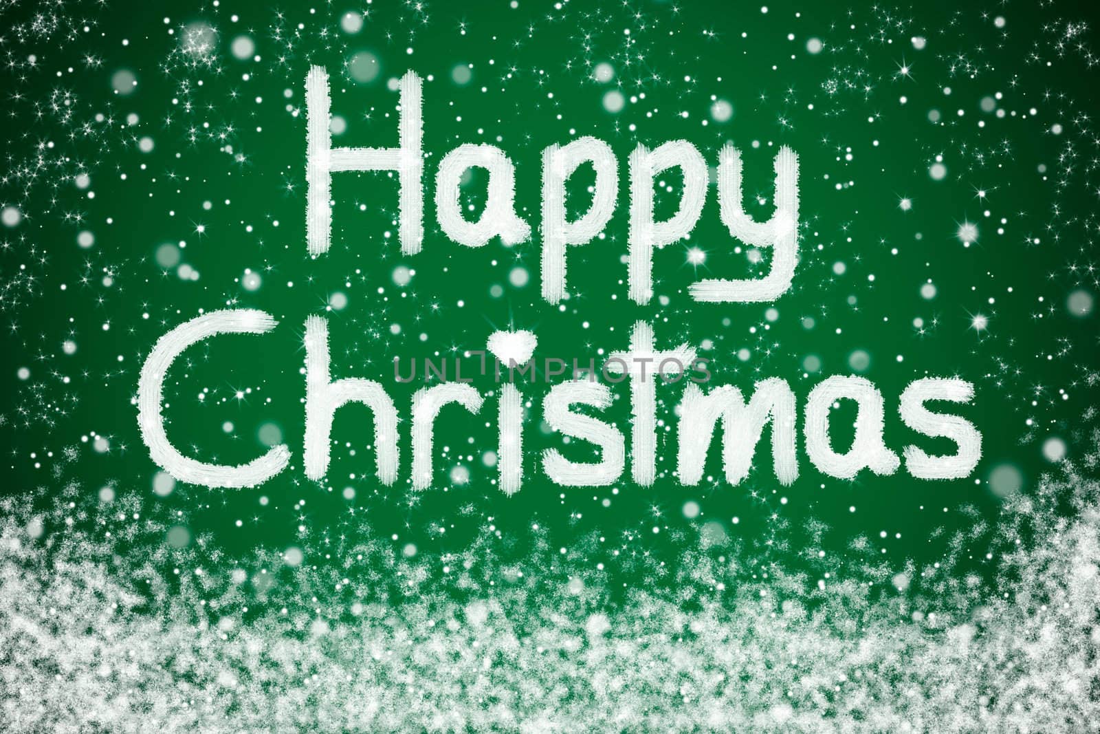 Happy Christmas Message on Green Star Background with Snow