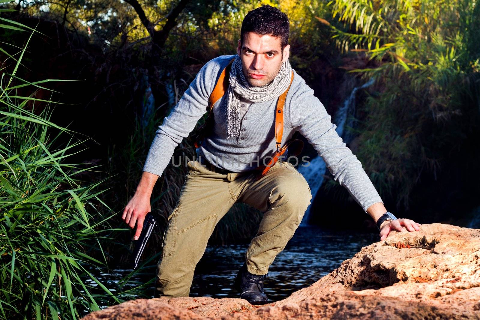 View of an treasure hunter, jungle adventurer type man.