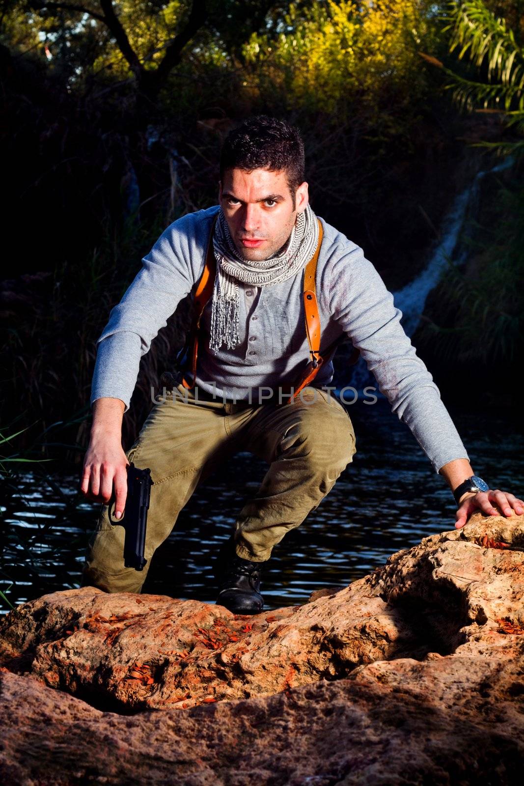 View of an treasure hunter, jungle adventurer type man.