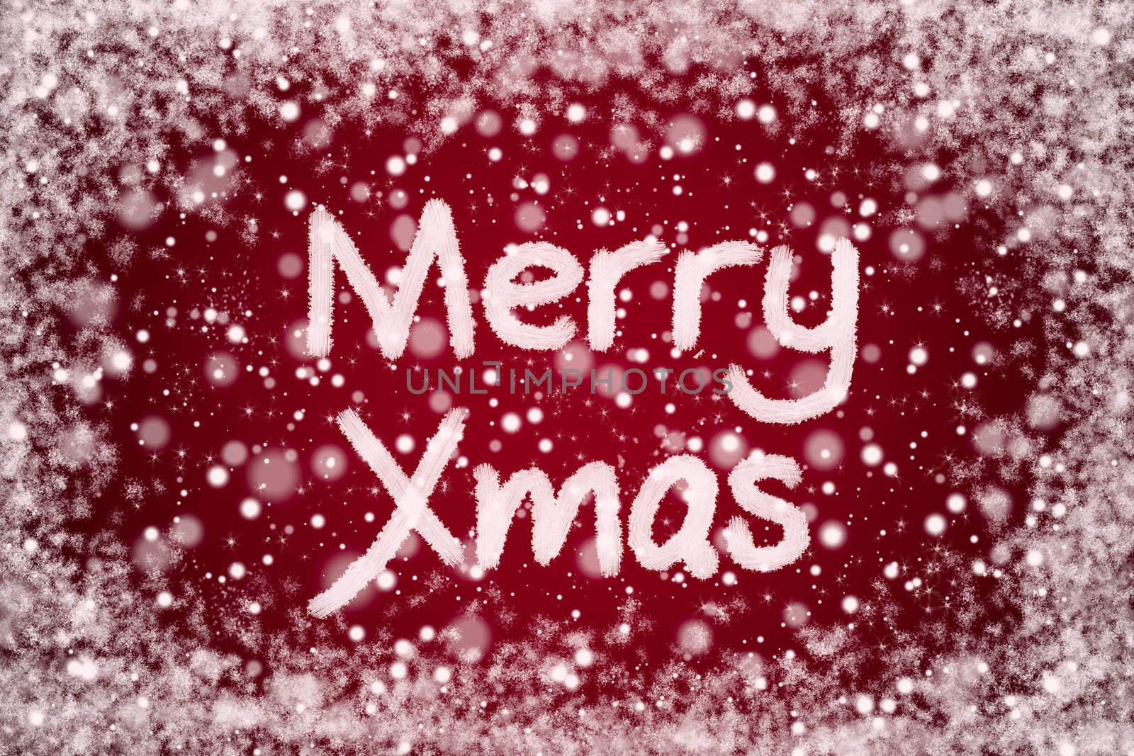 Christmas Red Background with Merry Xmas Text in Snow Writing