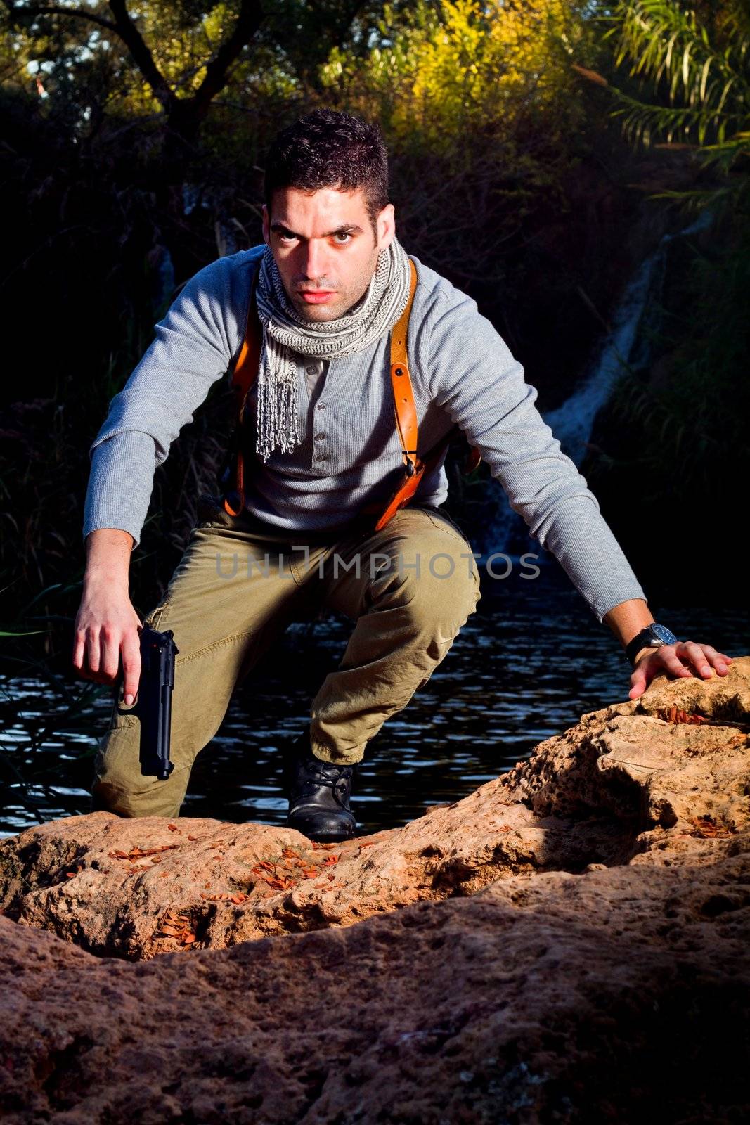 View of an treasure hunter, jungle adventurer type man.