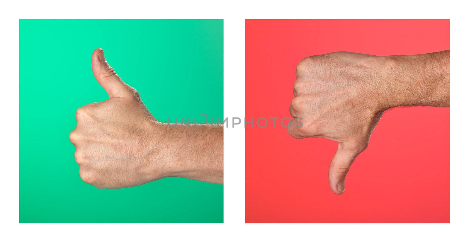 Pair of Thumbs up and Thumbs Down Signs on Green and Red Background by scheriton