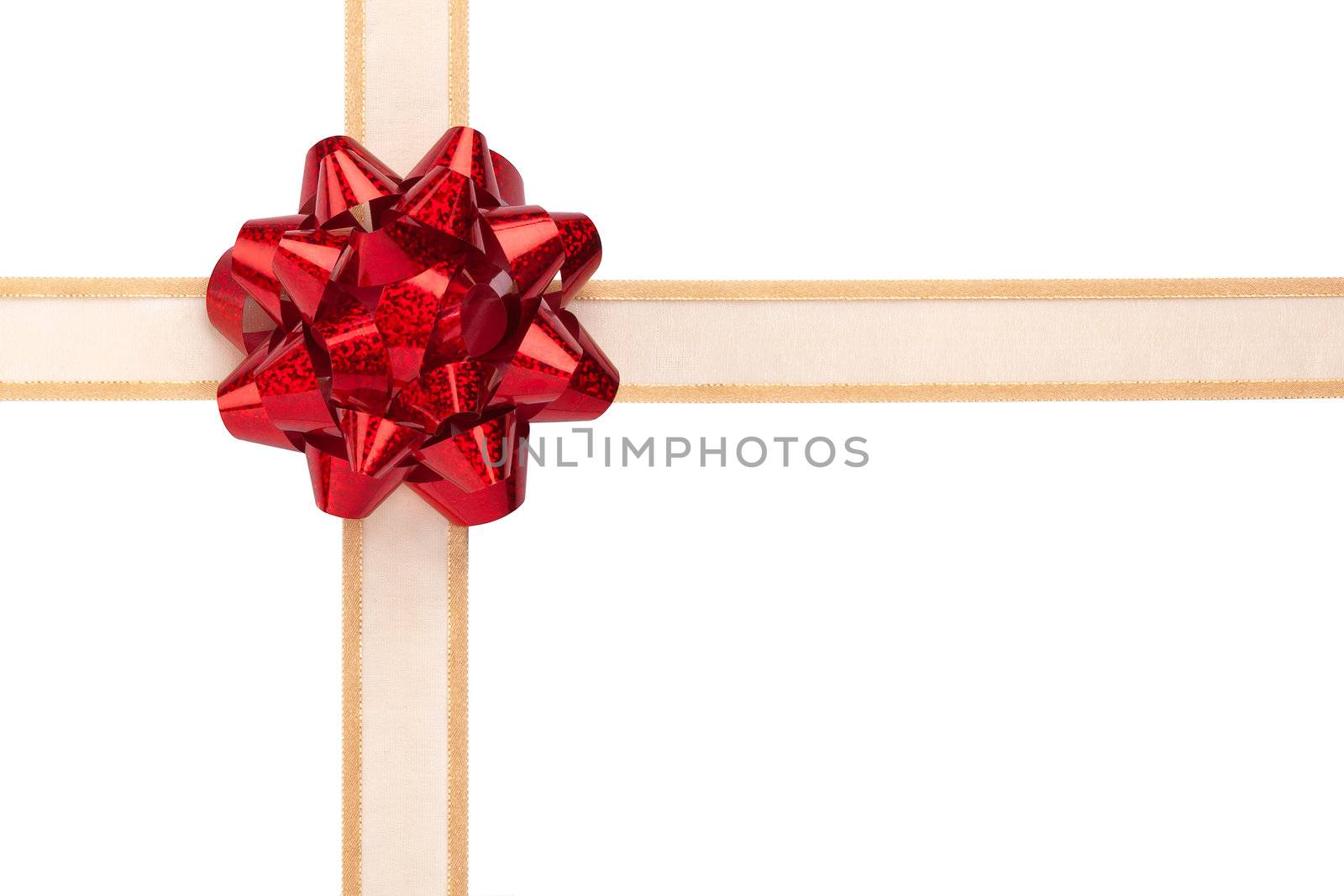 Gift Wrap with Gold Ribbon and Red Shiny Bow Isolated