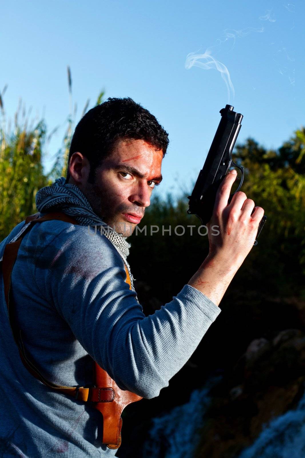 View of an treasure hunter, jungle adventurer type man.