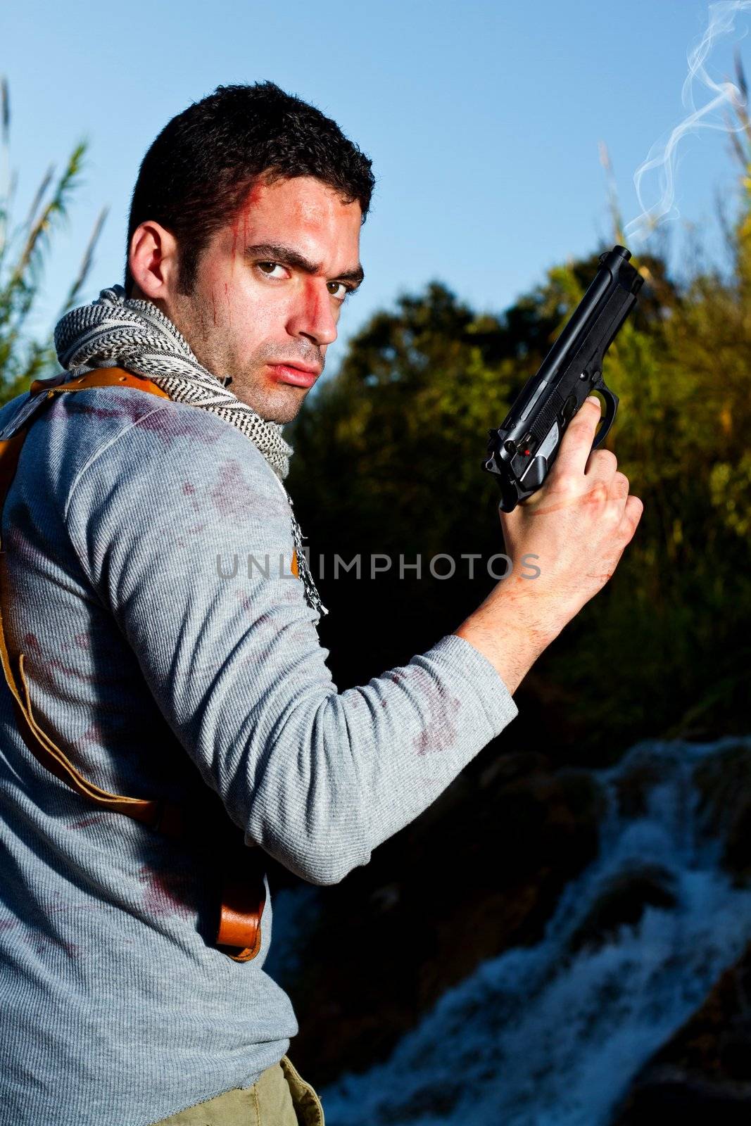 View of an treasure hunter, jungle adventurer type man.