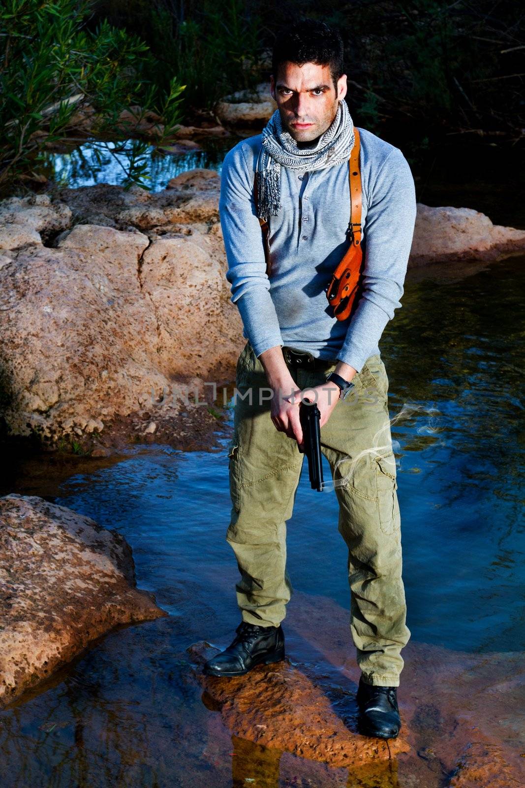 View of an treasure hunter, jungle adventurer type man.