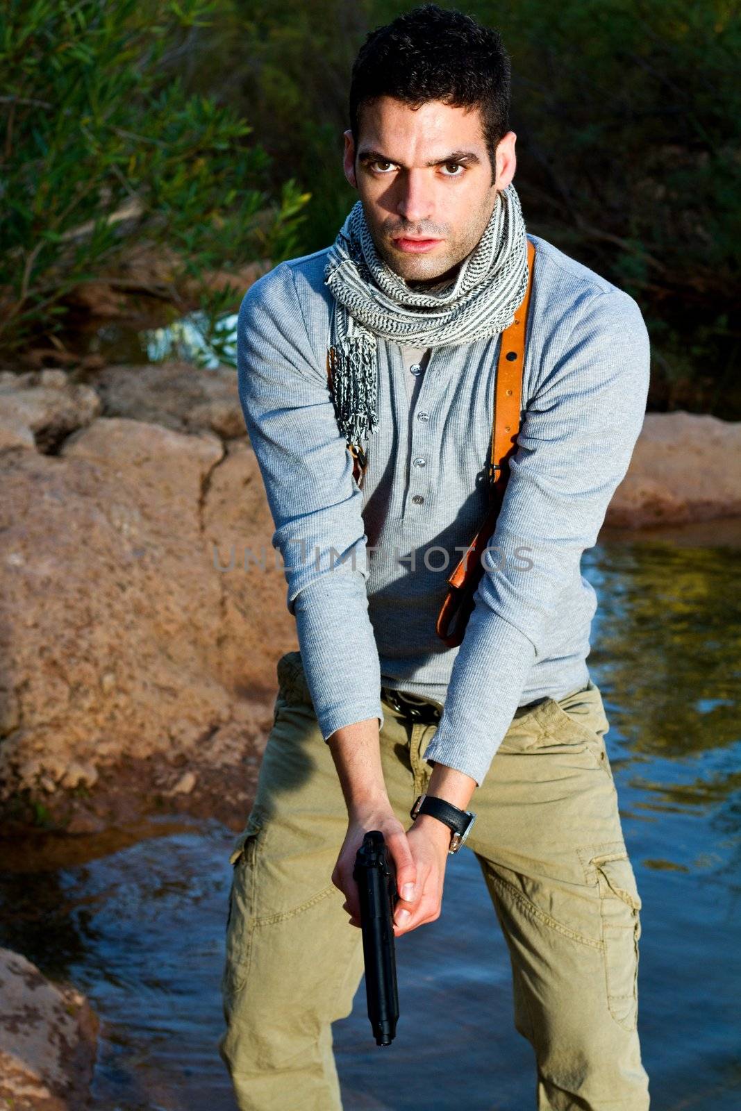 View of an treasure hunter, jungle adventurer type man.