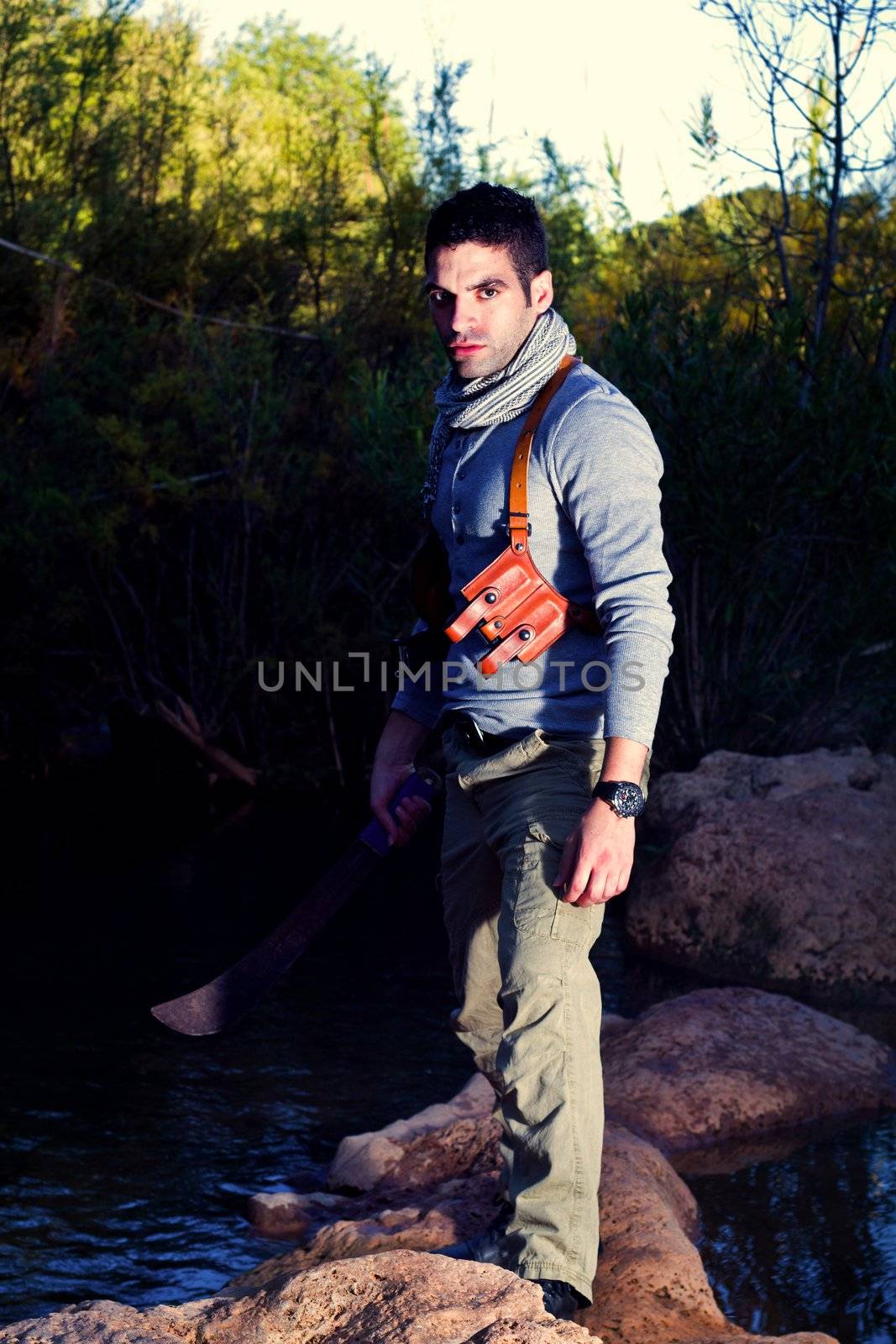 View of an treasure hunter, jungle adventurer type man.